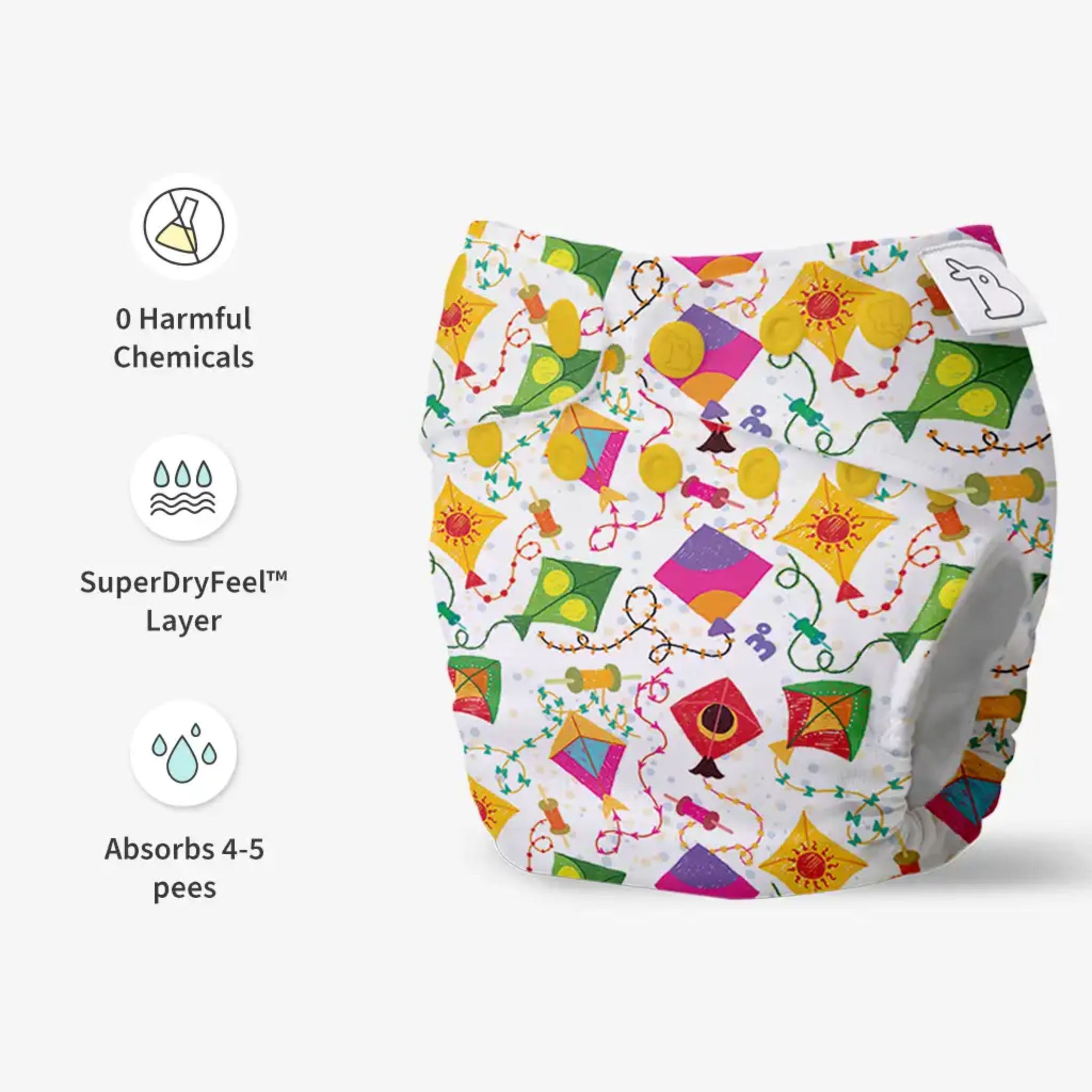 SUPER BOTTOMS Coloured Skies multicolor kites printed Free size UNO Cloth Diaper | 1 skin-friendly UNO Cloth Diaper (1 Waterproof Outer) | 1 Dry Feel Magic Pad | 1 Booster Pad | 1 reusable easy clean top sheet