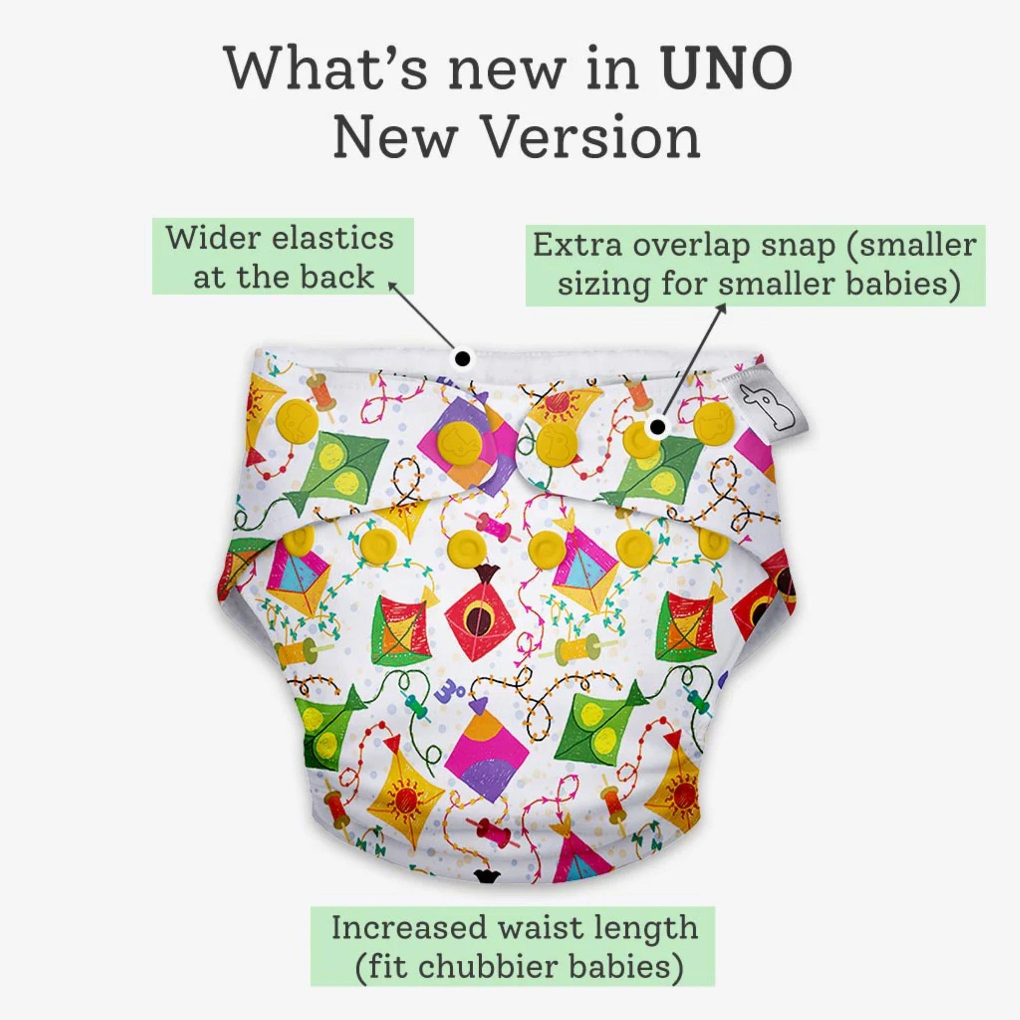 SUPER BOTTOMS Coloured Skies multicolor kites printed Free size UNO Cloth Diaper | 1 skin-friendly UNO Cloth Diaper (1 Waterproof Outer) | 1 Dry Feel Magic Pad | 1 Booster Pad | 1 reusable easy clean top sheet