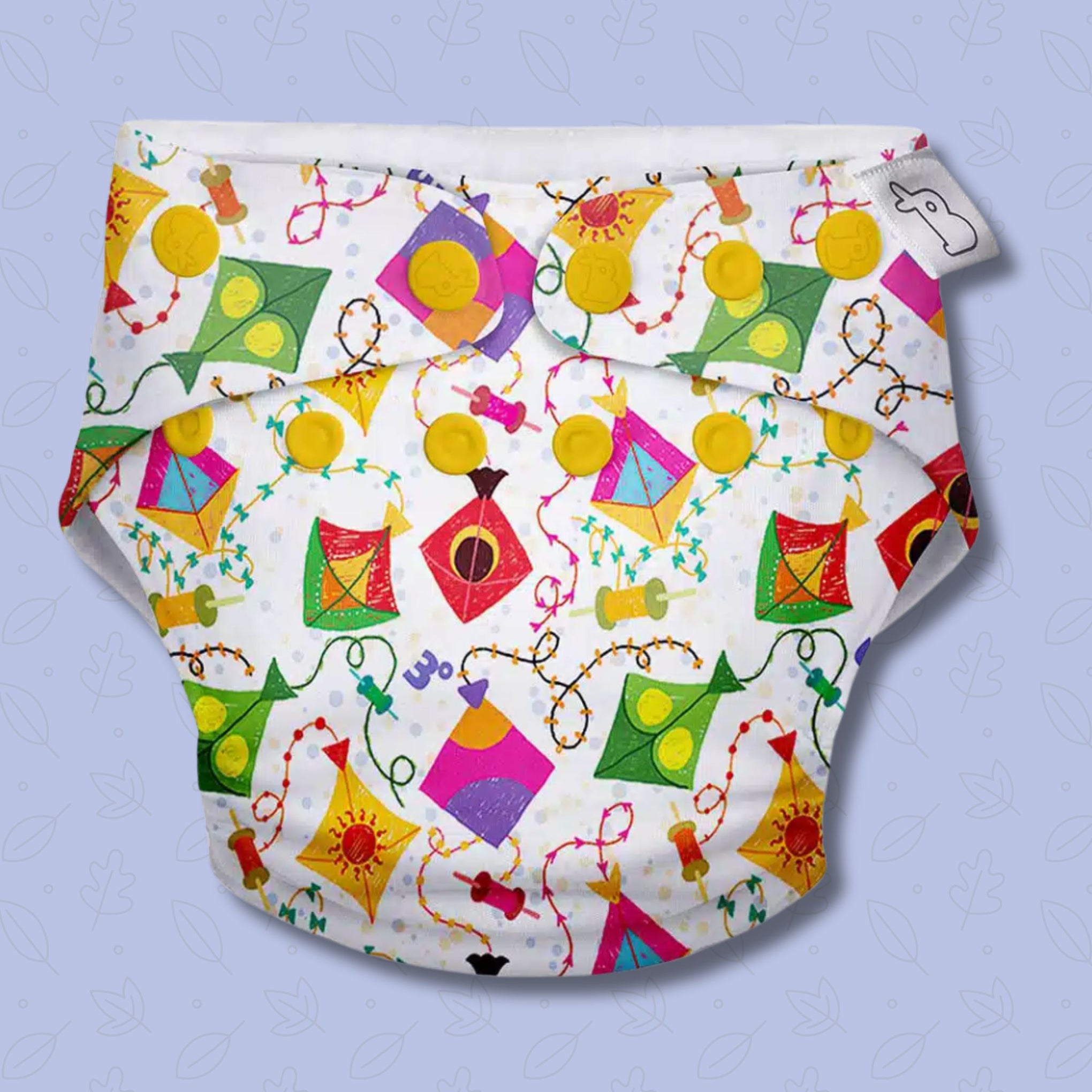 SUPER BOTTOMS Coloured Skies multicolor kites printed Free size UNO Cloth Diaper | 1 skin-friendly UNO Cloth Diaper (1 Waterproof Outer) | 1 Dry Feel Magic Pad | 1 Booster Pad | 1 reusable easy clean top sheet