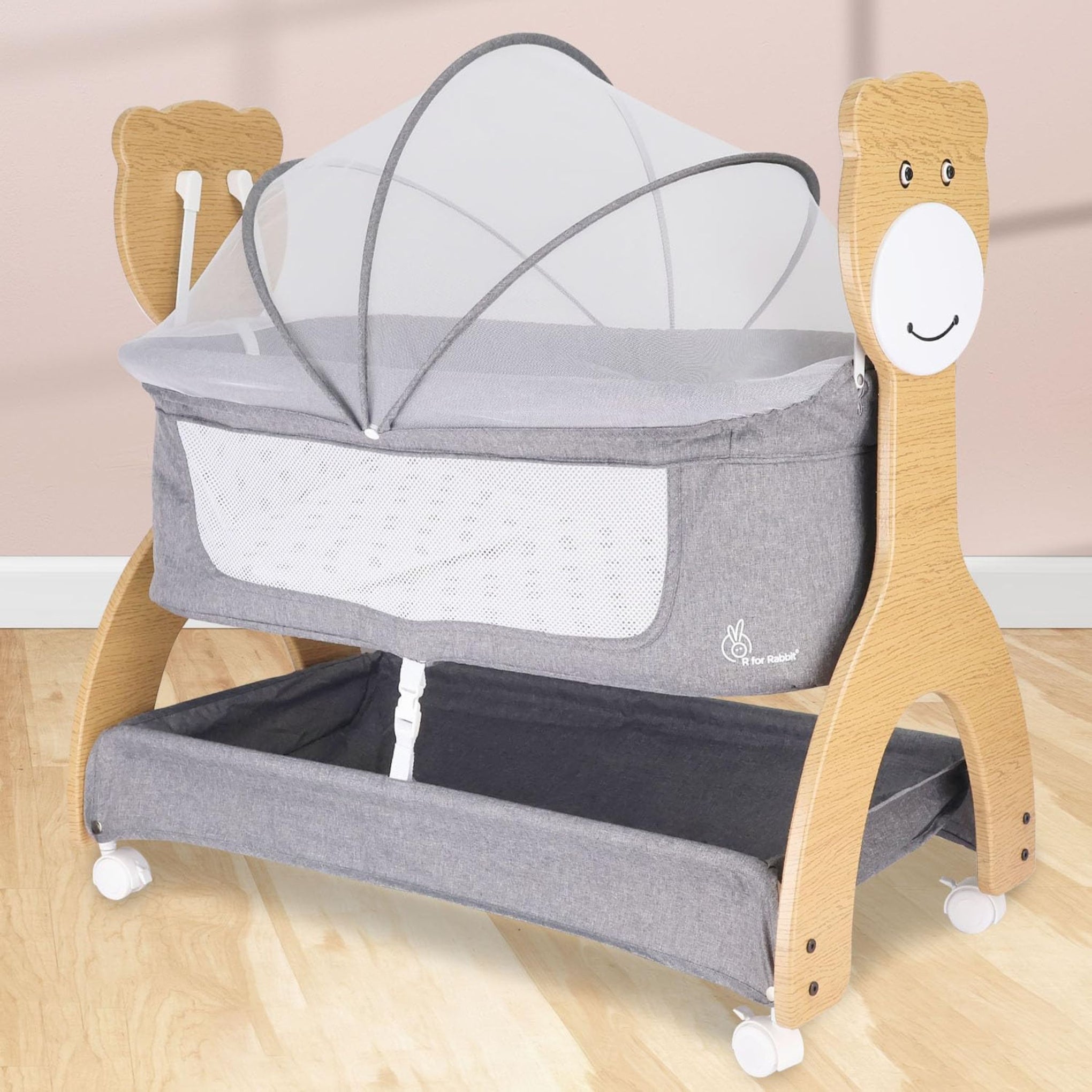 R for Rabbit Lullabies Woodsy 2 in 1 Manual Swing Wooden Cradle Newborn Baby Convertible Cot Bassinet with Mosquito Net, Lockable Wheels & Storage Space for Kids 0-12 Months, Upto 12 Kg (Dark Grey)