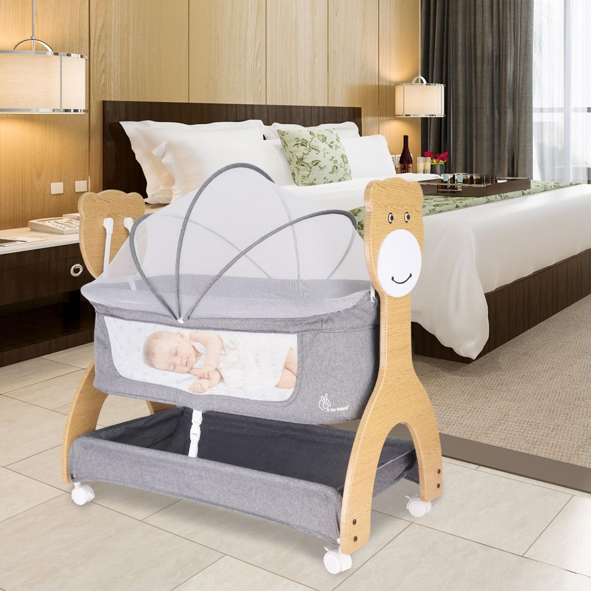R for Rabbit Lullabies Woodsy 2 in 1 Manual Swing Wooden Cradle Newborn Baby Convertible Cot Bassinet with Mosquito Net, Lockable Wheels & Storage Space for Kids 0-12 Months, Upto 12 Kg (Dark Grey)