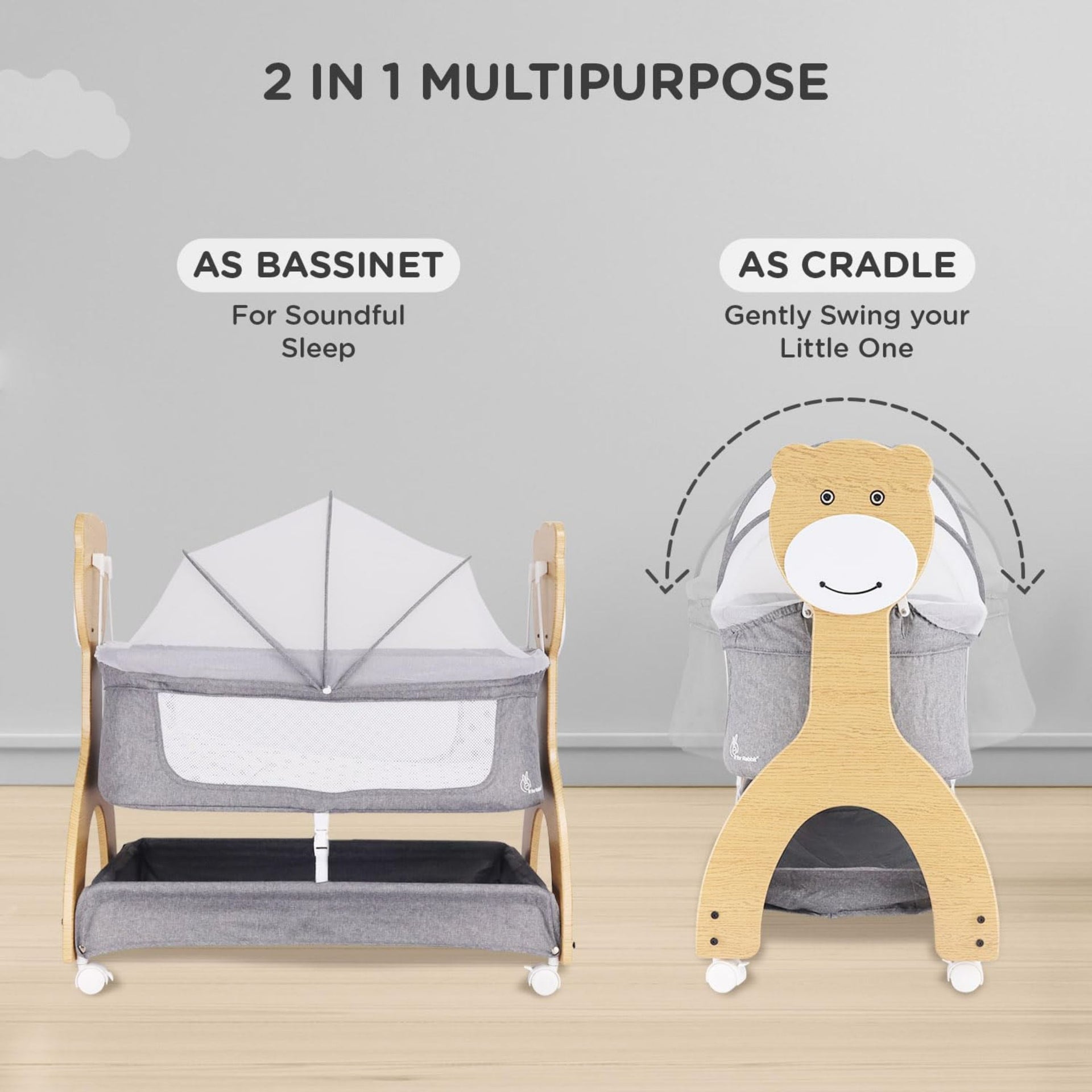 R for Rabbit Lullabies Woodsy 2 in 1 Manual Swing Wooden Cradle Newborn Baby Convertible Cot Bassinet with Mosquito Net, Lockable Wheels & Storage Space for Kids 0-12 Months, Upto 12 Kg (Dark Grey)