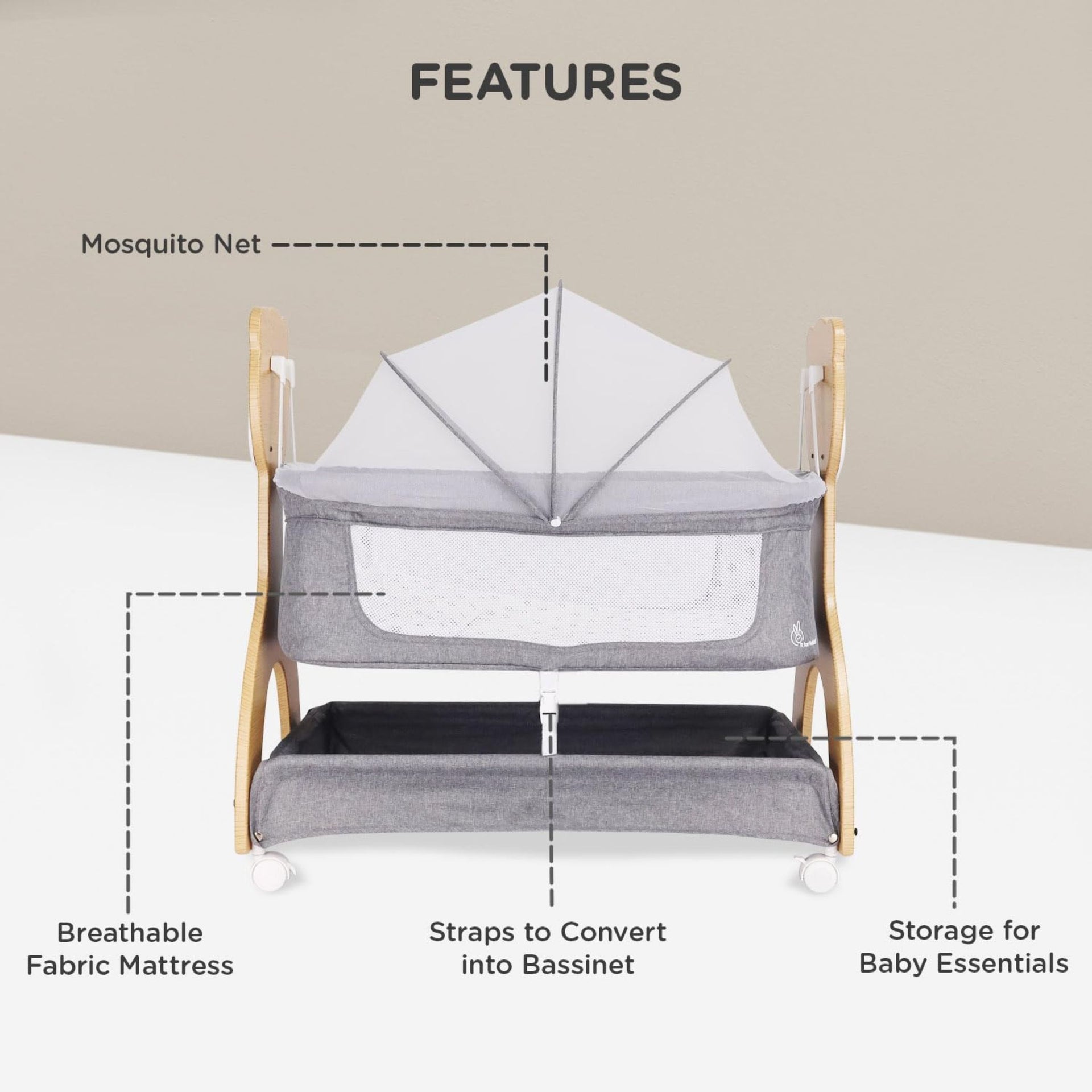 R for Rabbit Lullabies Woodsy 2 in 1 Manual Swing Wooden Cradle Newborn Baby Convertible Cot Bassinet with Mosquito Net, Lockable Wheels & Storage Space for Kids 0-12 Months, Upto 12 Kg (Dark Grey)