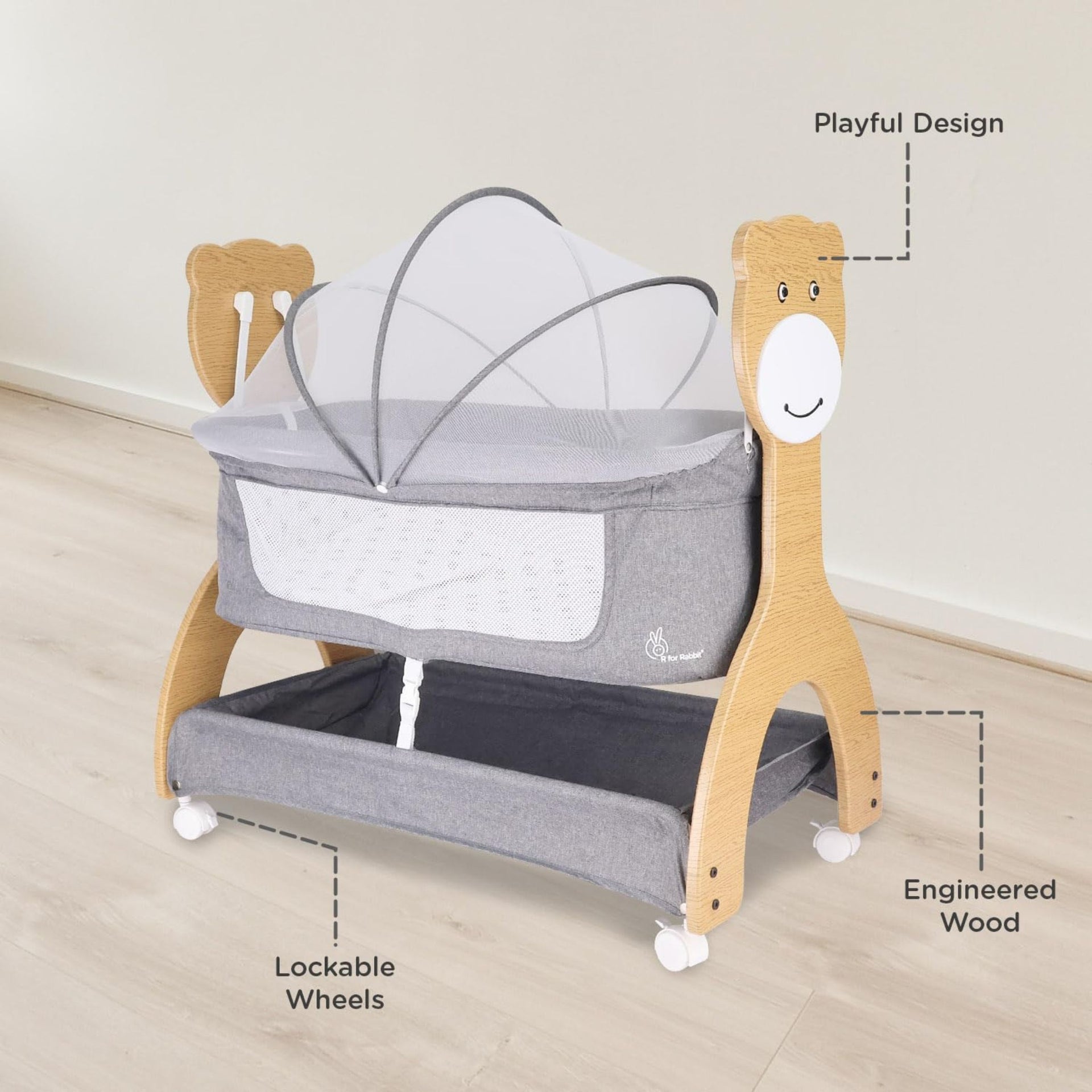 R for Rabbit Lullabies Woodsy 2 in 1 Manual Swing Wooden Cradle Newborn Baby Convertible Cot Bassinet with Mosquito Net, Lockable Wheels & Storage Space for Kids 0-12 Months, Upto 12 Kg (Dark Grey)