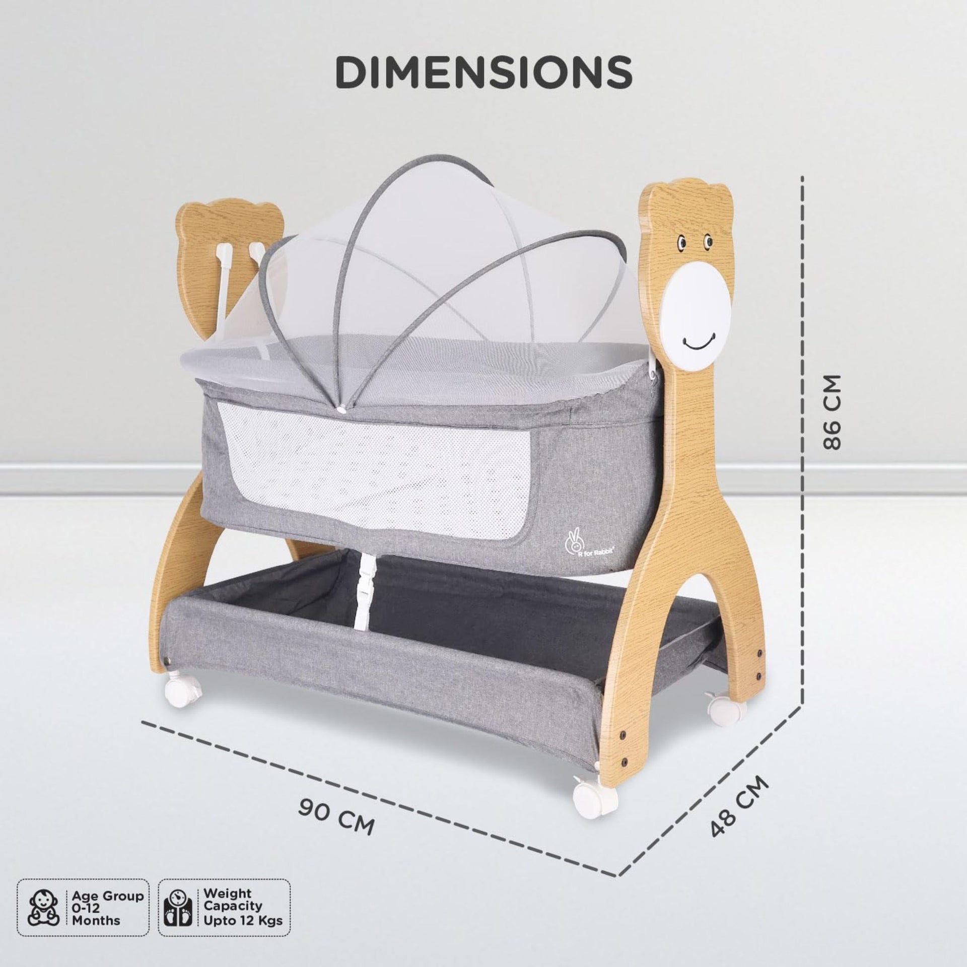 R for Rabbit Lullabies Woodsy 2 in 1 Manual Swing Wooden Cradle Newborn Baby Convertible Cot Bassinet with Mosquito Net, Lockable Wheels & Storage Space for Kids 0-12 Months, Upto 12 Kg (Dark Grey)