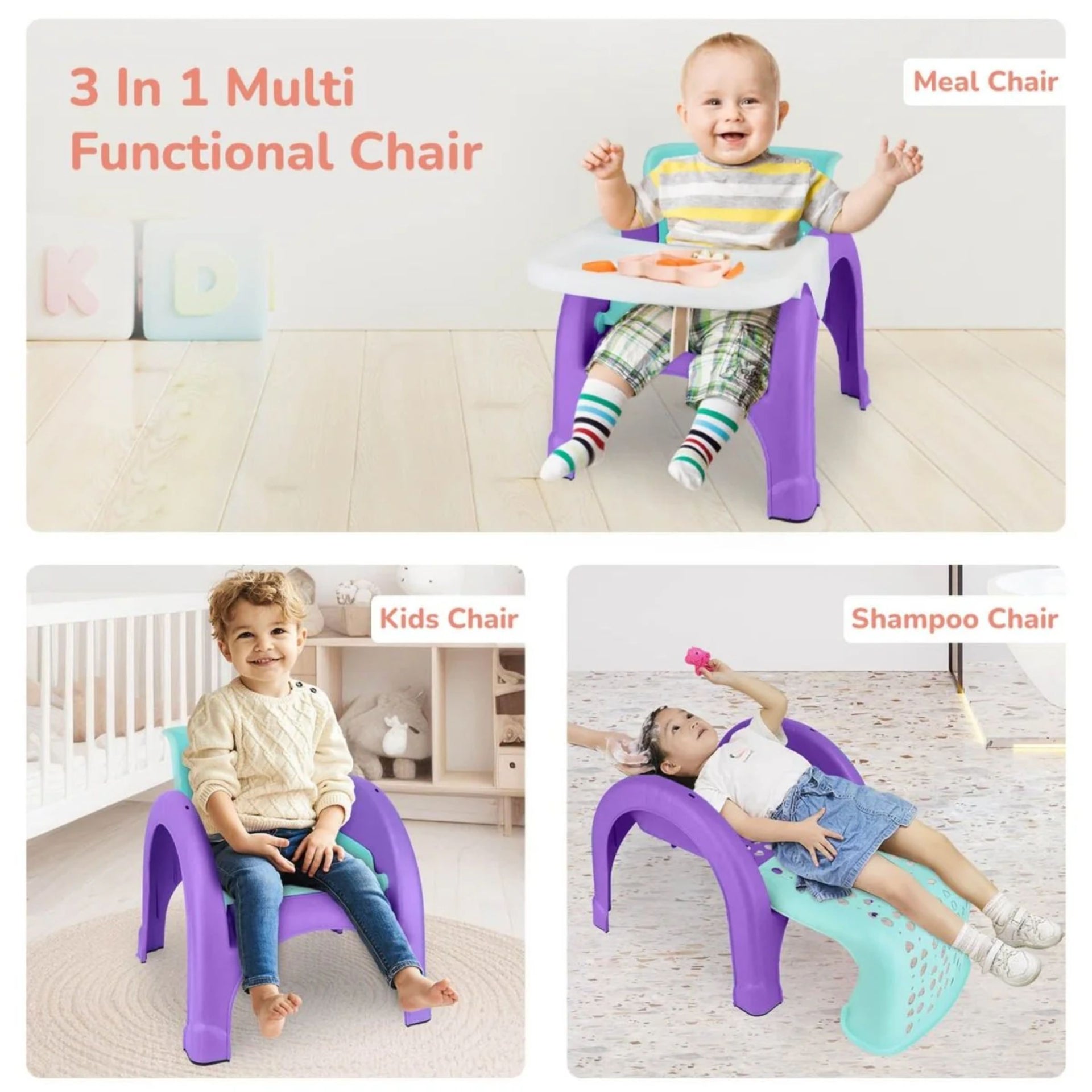 R for Rabbit Jelly Bean Chair 3 in 1 Mult i-Functional Baby Study | Shampoo | Meal | Regular Kids Seating Chair with High Backrest for 1-8 Years Kid, Weight Capacity Upto 40Kgs (GREEN/PURRPLE)