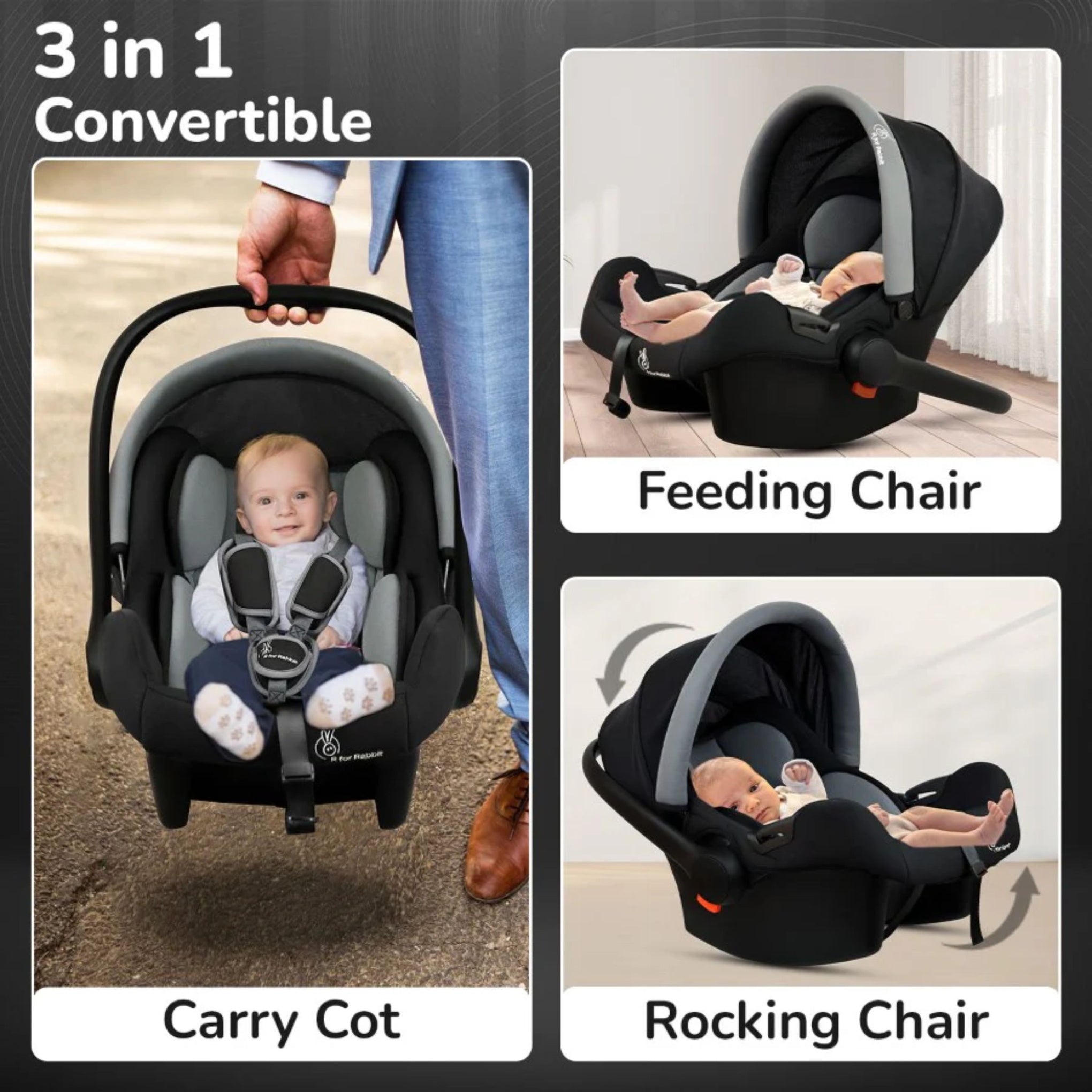R for Rabbit Picaboo Sportz Baby Carry Cot, 3 in 1 Multi Purpose Kids Carry Cot, Feeding Chair, Rocker for Infant Babies of 0 to 15 Months & Weight Capacity Upto 13 Kgs (Grey Black)