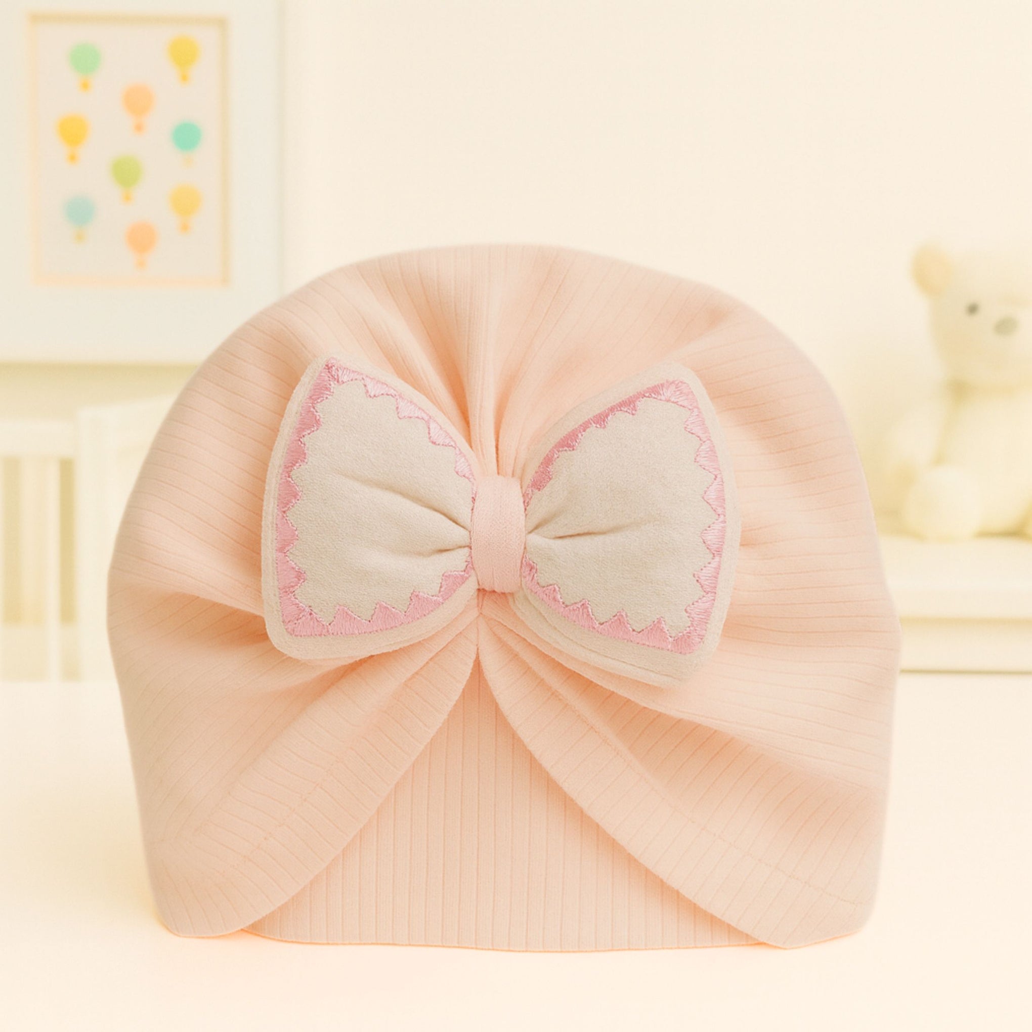 Baby Soft Bow Turban Cap for Girls – 0 to 24 Months | Ultra-Soft Cotton Rib Fabric | Newborn to Toddler Headwrap | Color Options: CREAM, Pink, Blue