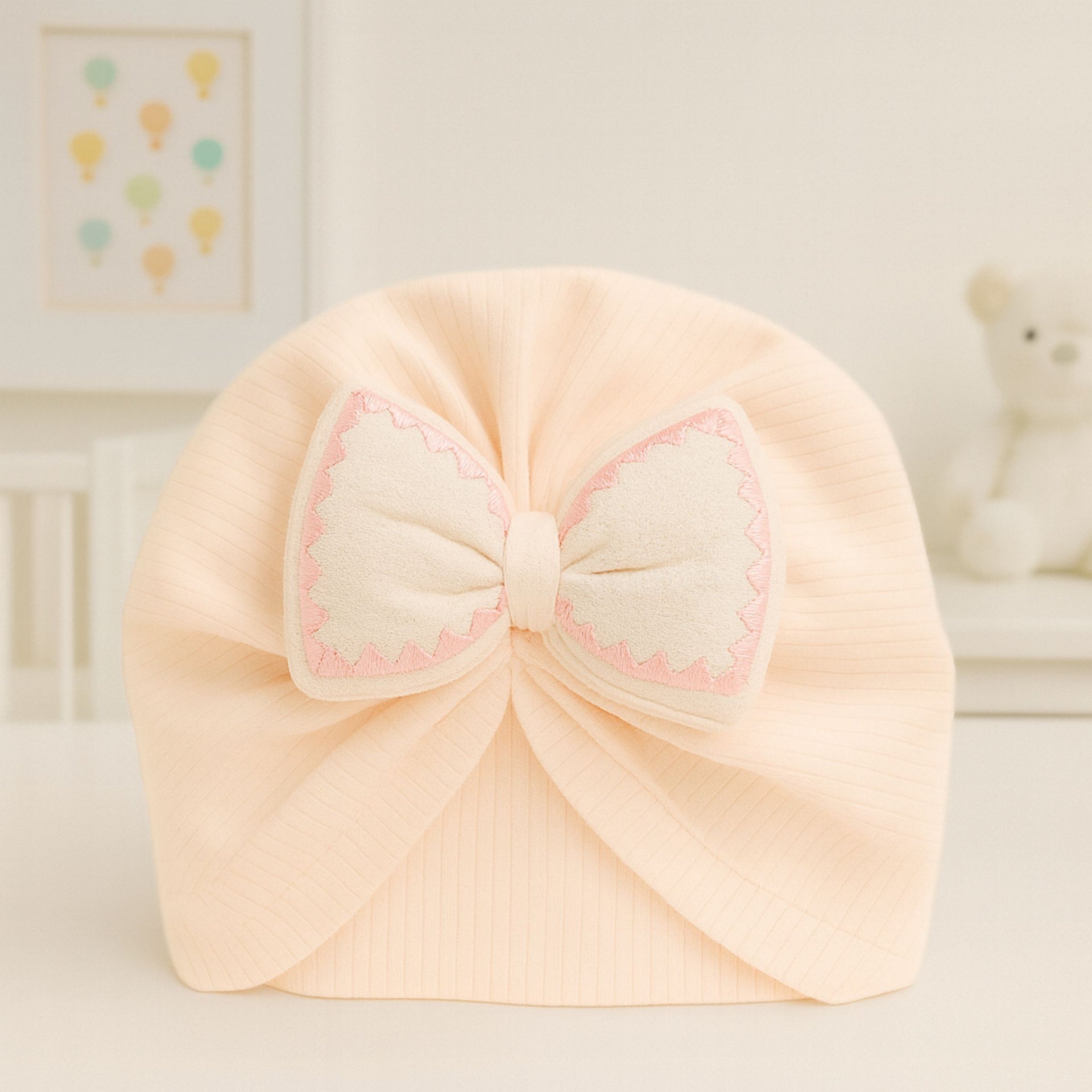 Baby Soft Bow Turban Cap for Girls – 0 to 24 Months | Ultra-Soft Cotton Rib Fabric | Newborn to Toddler Headwrap | Color Options: CREAM, Pink, Blue