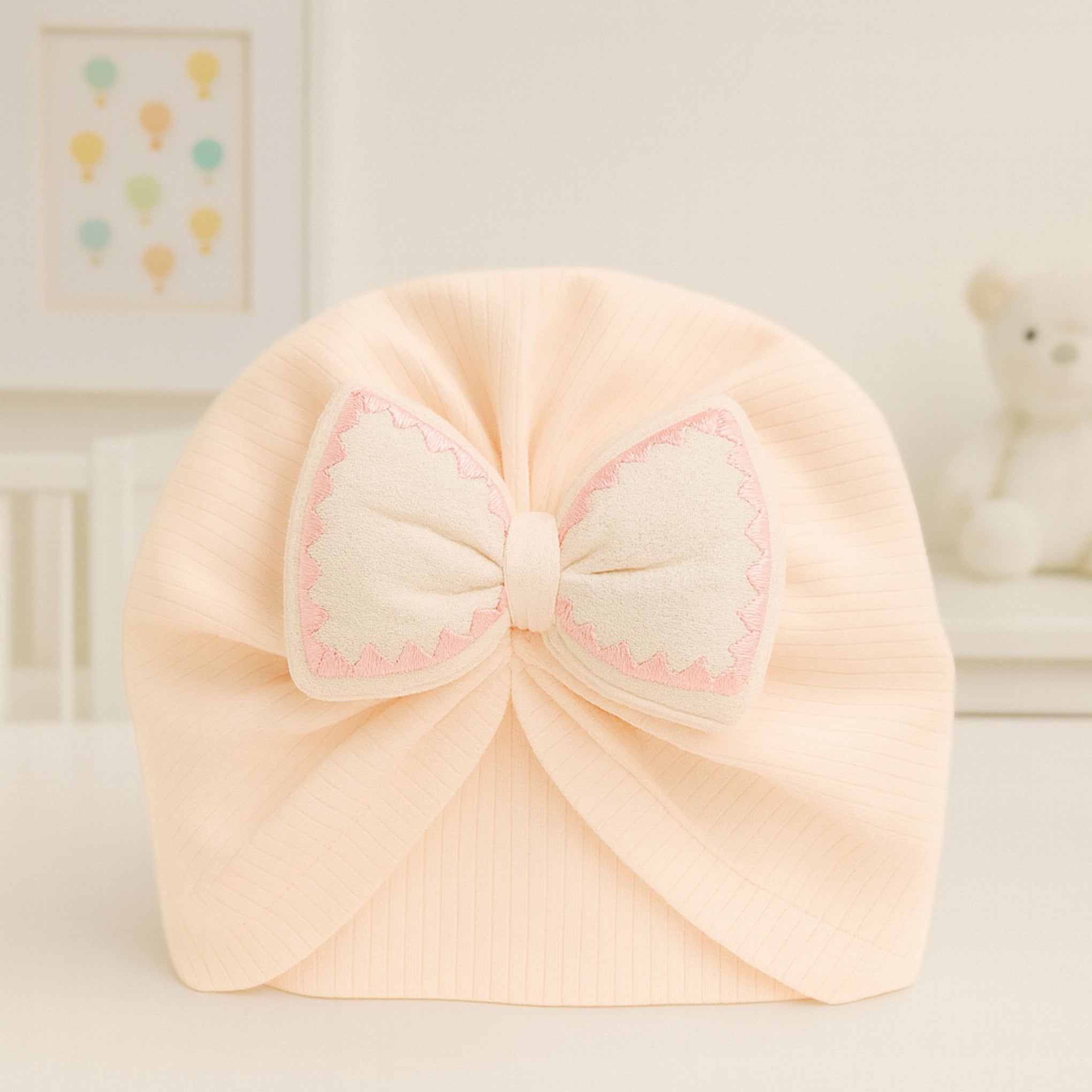 Baby Soft Bow Turban Cap for Girls – 0 to 24 Months | Ultra-Soft Cotton Rib Fabric | Newborn to Toddler Headwrap | Color Options: CREAM, Pink, Blue
