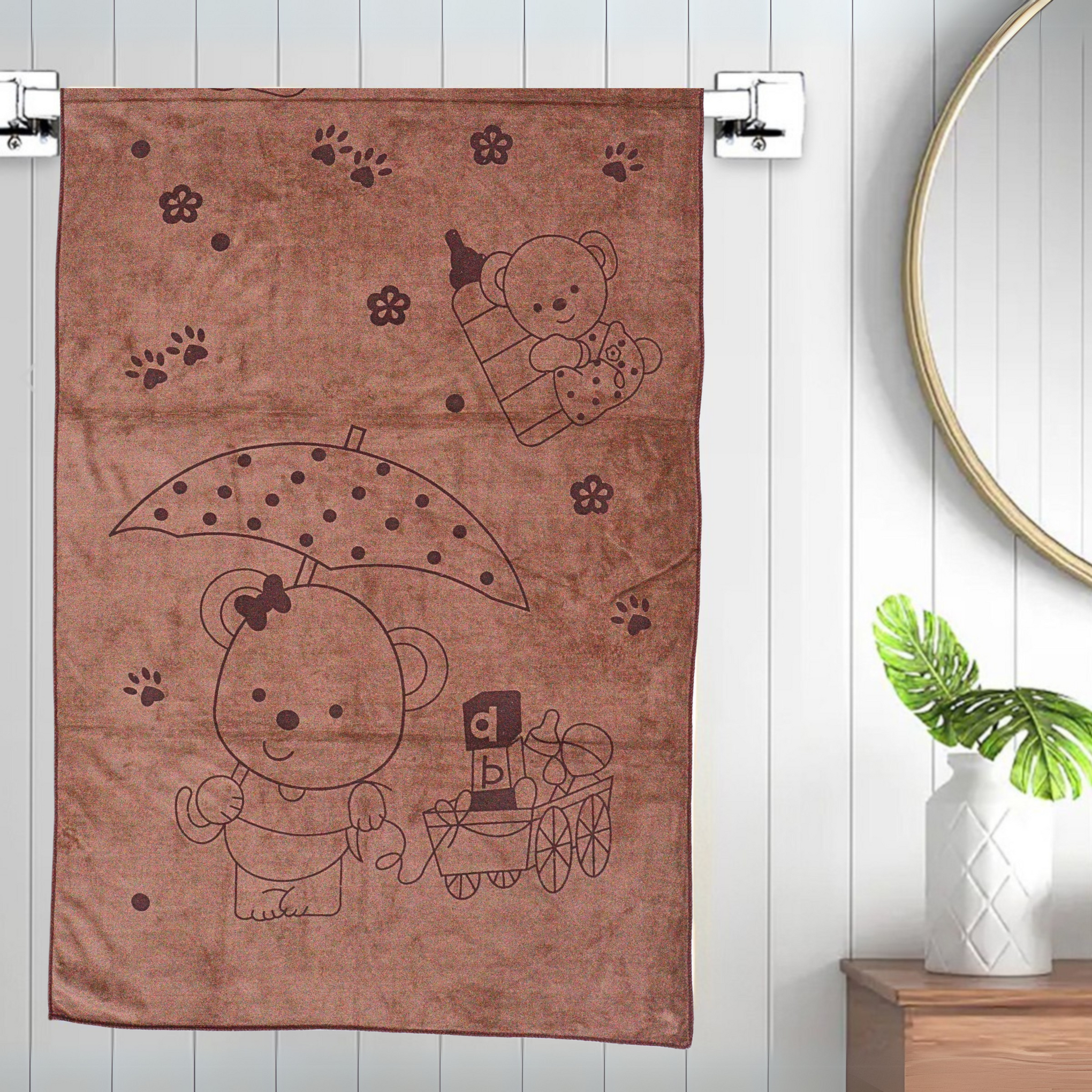 Smile Baby Kids Bath Towel For Girls Boys | Soft Premium Microfiber Quick Drying Towels for Unisex Kids | Cartoon Print Wash Dry Cloth Towel For Babies Toddlers, Pack Of 1, 70 x 140 CM, Teddy Prints