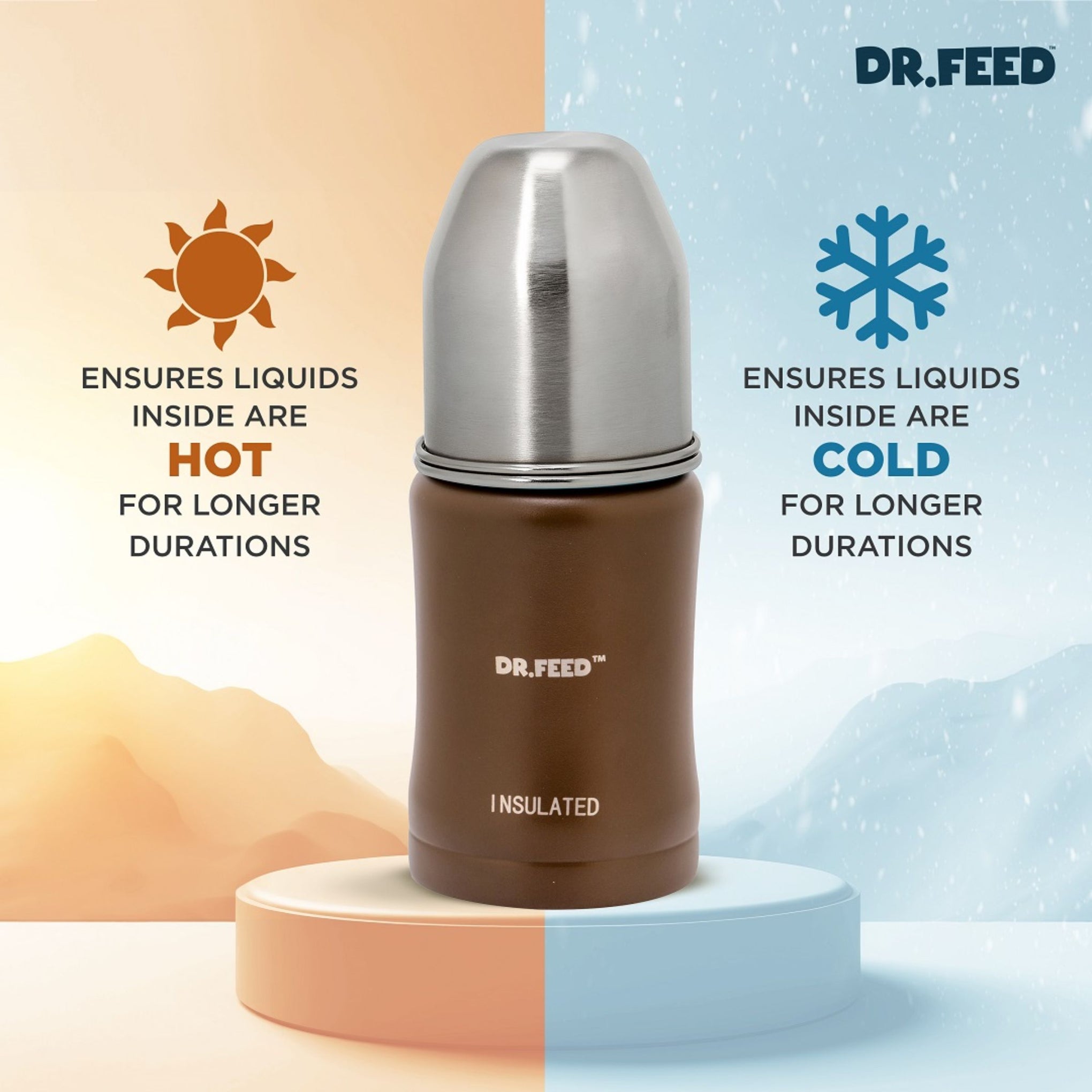 ADORE Dr. Feed Majestique Insulated Stainless Steel Feeding Bottle (180 ml) | Double Wall 304 SS | Anti-Colic Silicone Teat | Keeps Milk Hot & Cold Longer | 0+ Months | BROWN