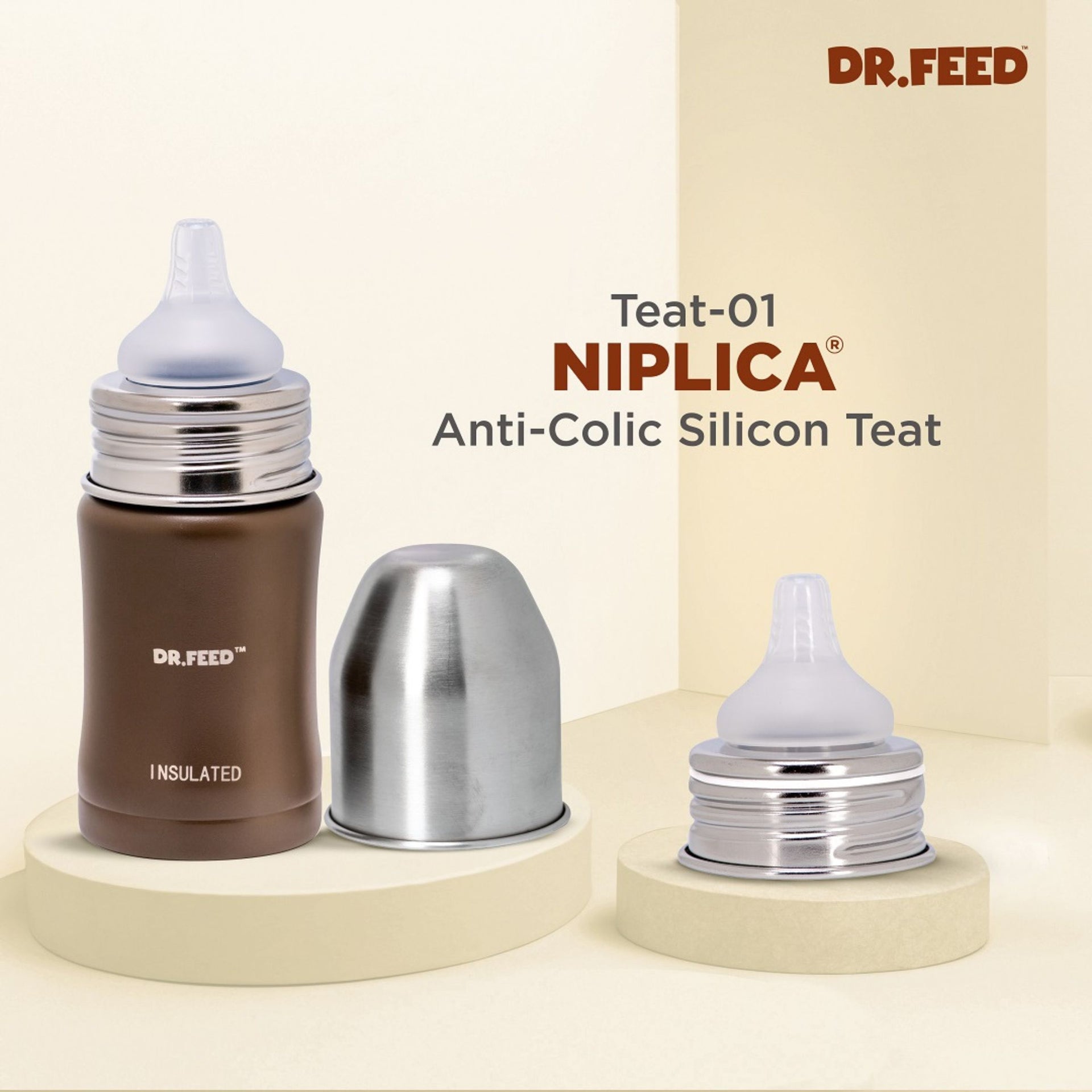 ADORE Dr. Feed Majestique Insulated Stainless Steel Feeding Bottle (180 ml) | Double Wall 304 SS | Anti-Colic Silicone Teat | Keeps Milk Hot & Cold Longer | 0+ Months | BROWN