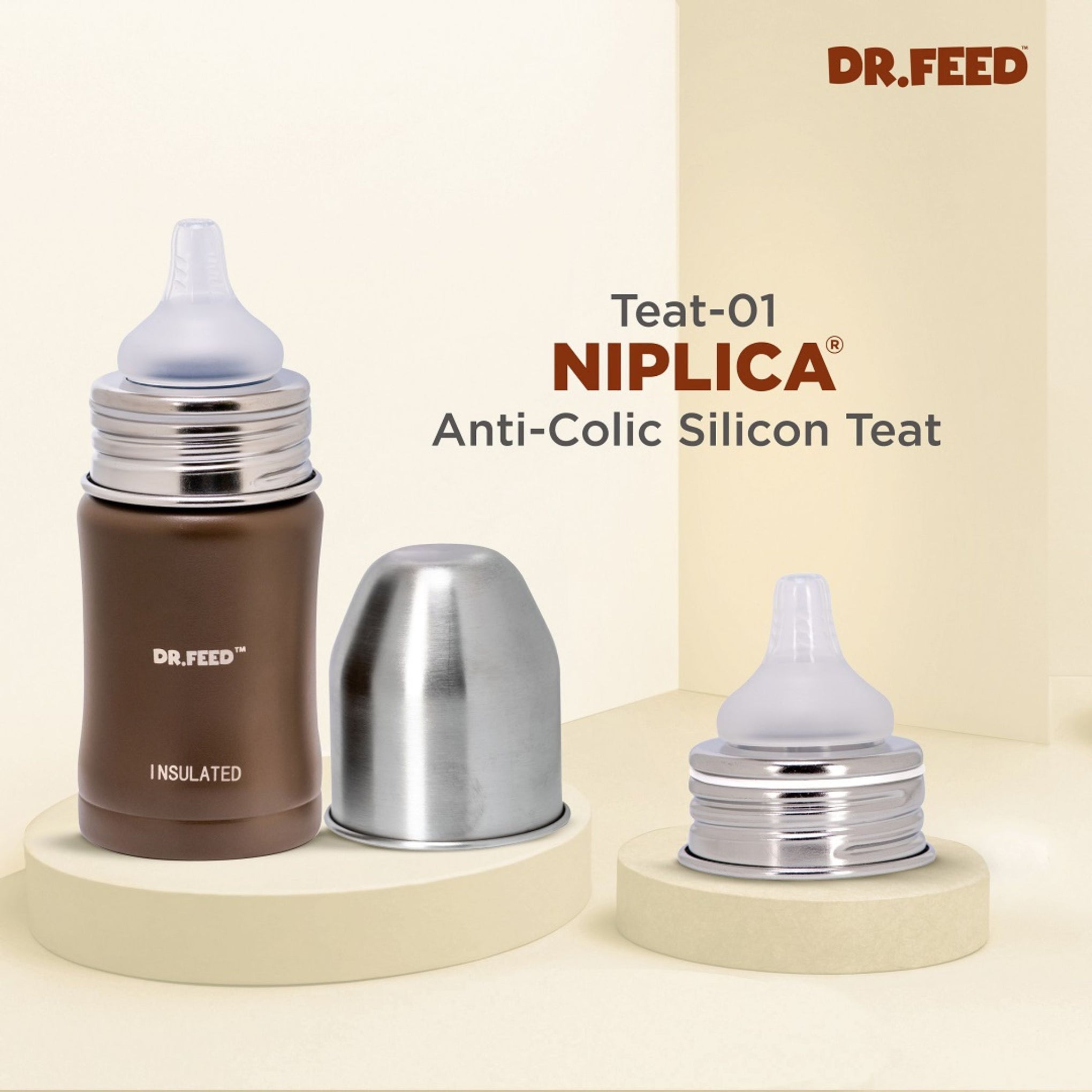ADORE Dr. Feed Majestique Insulated Stainless Steel Feeding Bottle (180 ml) | Double Wall 304 SS | Anti-Colic Silicone Teat | Keeps Milk Hot & Cold Longer | 0+ Months | BROWN