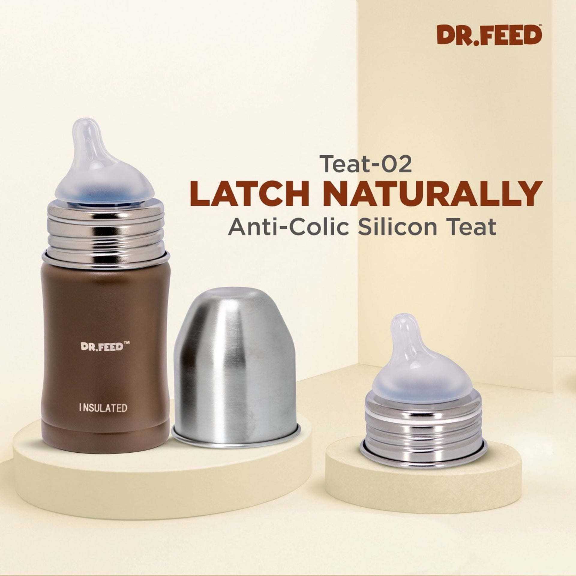 ADORE Dr. Feed Majestique Insulated Stainless Steel Feeding Bottle (180 ml) | Double Wall 304 SS | Anti-Colic Silicone Teat | Keeps Milk Hot & Cold Longer | 0+ Months | BROWN