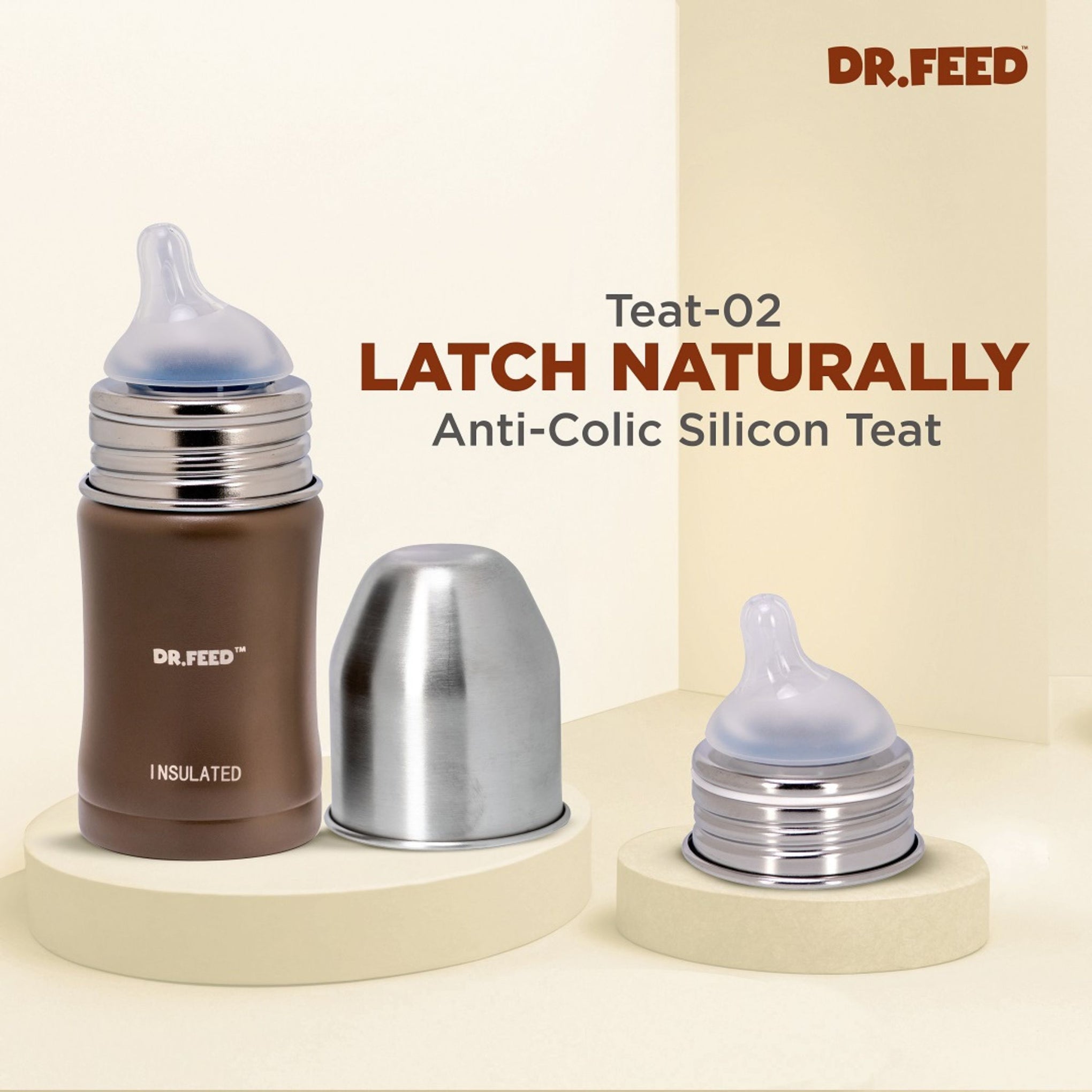 ADORE Dr. Feed Majestique Insulated Stainless Steel Feeding Bottle (180 ml) | Double Wall 304 SS | Anti-Colic Silicone Teat | Keeps Milk Hot & Cold Longer | 0+ Months | BROWN