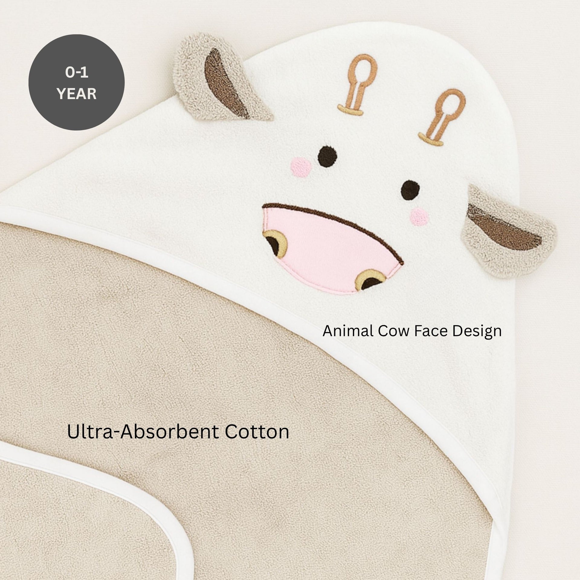 Smile Baby Soft Hooded Baby Towel | Animal Cow Face Design | 0–12 Months | Ultra-Absorbent Cotton | Newborn Bath Wrap