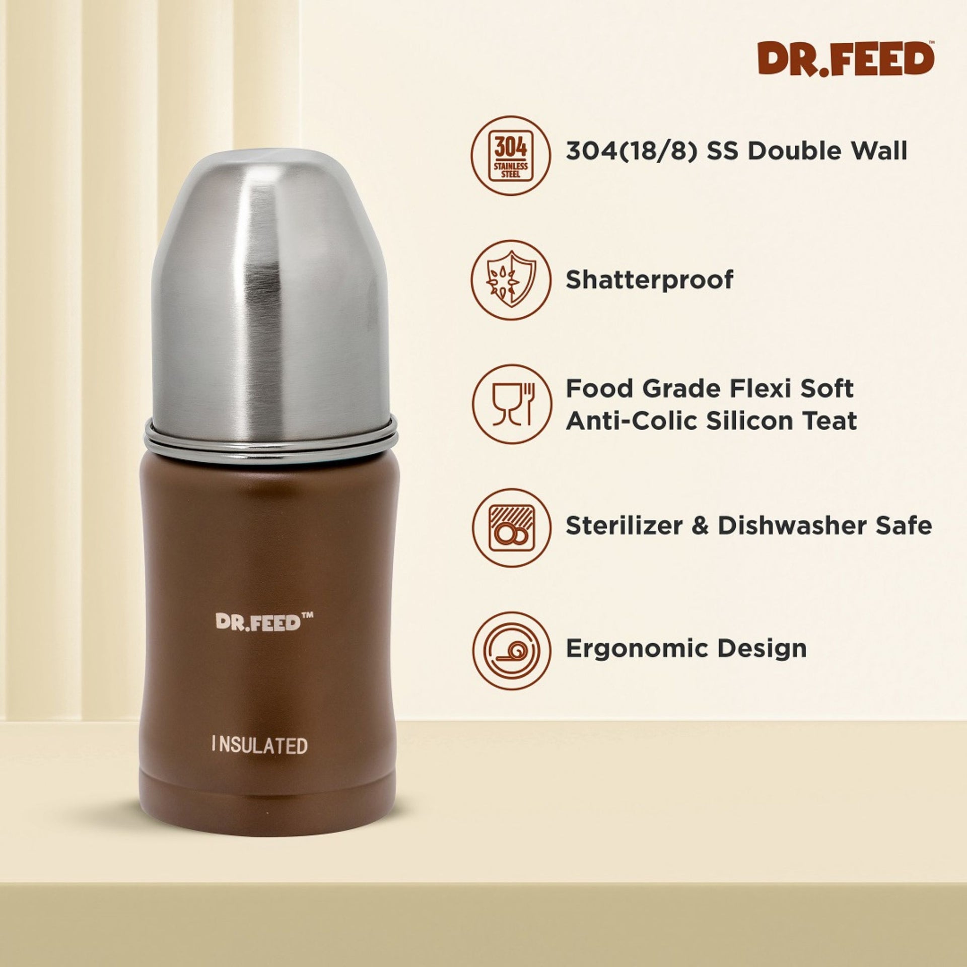 ADORE Dr. Feed Majestique Insulated Stainless Steel Feeding Bottle (180 ml) | Double Wall 304 SS | Anti-Colic Silicone Teat | Keeps Milk Hot & Cold Longer | 0+ Months | BROWN