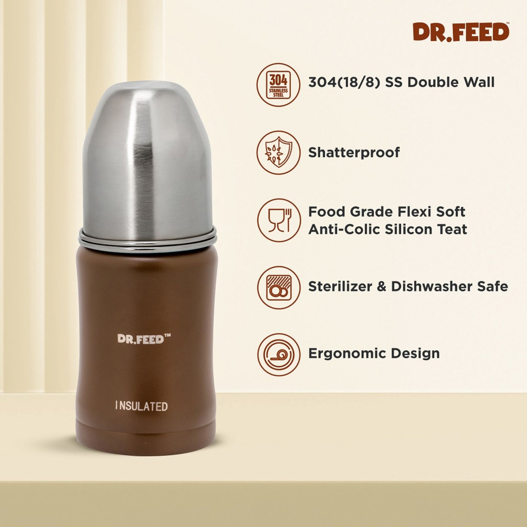 ADORE Dr. Feed Majestique Insulated Stainless Steel Feeding Bottle (180 ml) | Double Wall 304 SS | Anti-Colic Silicone Teat | Keeps Milk Hot & Cold Longer | 0+ Months | BROWN