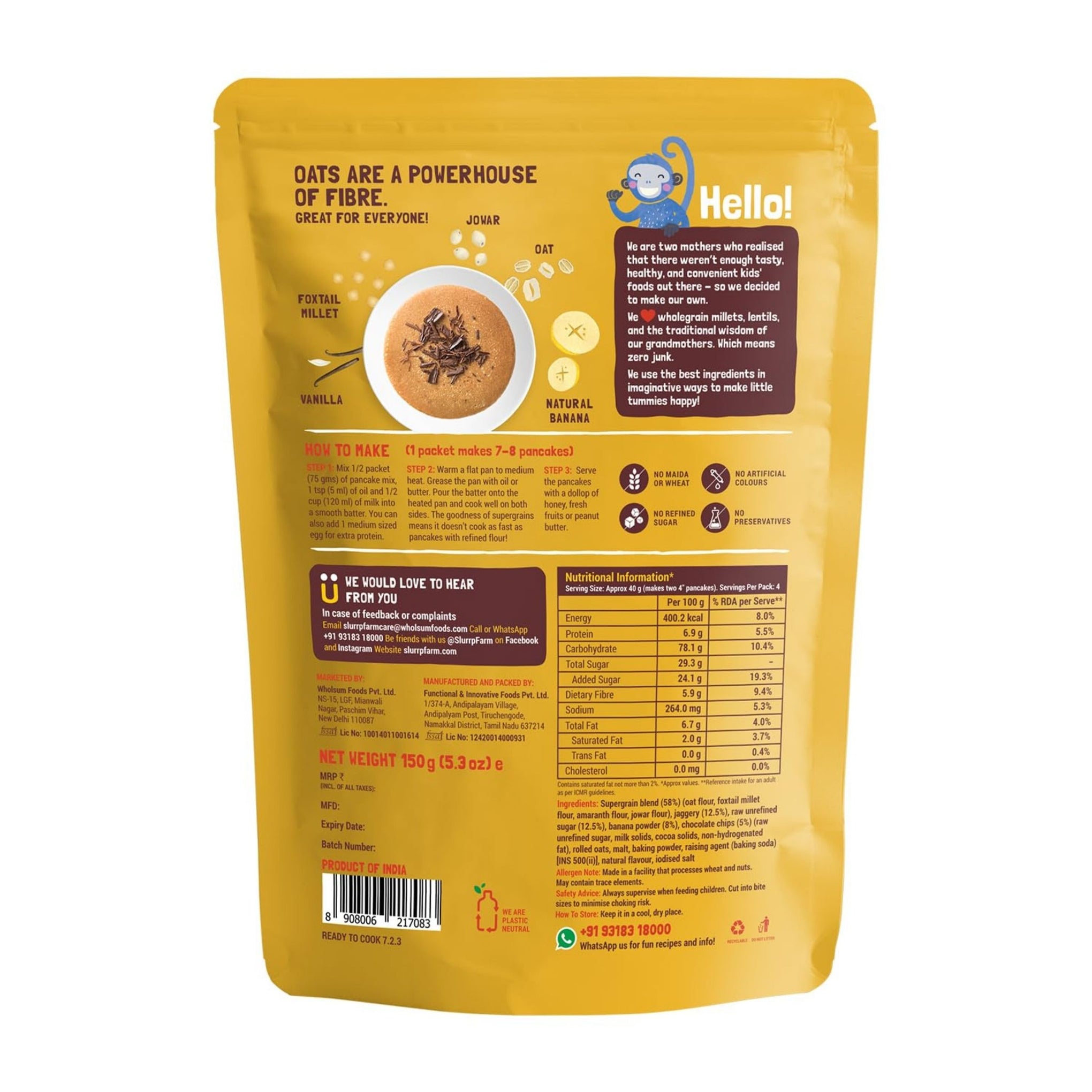 Slurrp Farm Breakfast Millet Pancake Mix Available In Different Types | BANAN CHOCO CHIP , CLASSIC , CHOCOLATE , BLUEBERRY | 150G