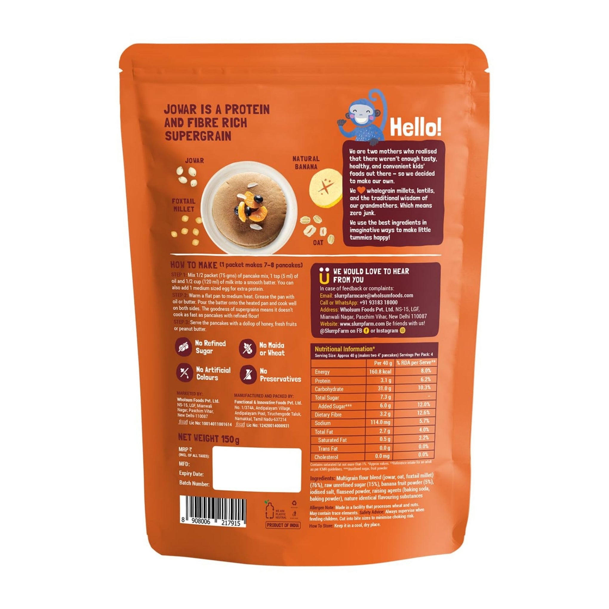 Slurrp Farm Breakfast Millet Pancake Mix Available In Different Types | BANAN CHOCO CHIP , CLASSIC , CHOCOLATE , BLUEBERRY | 150G