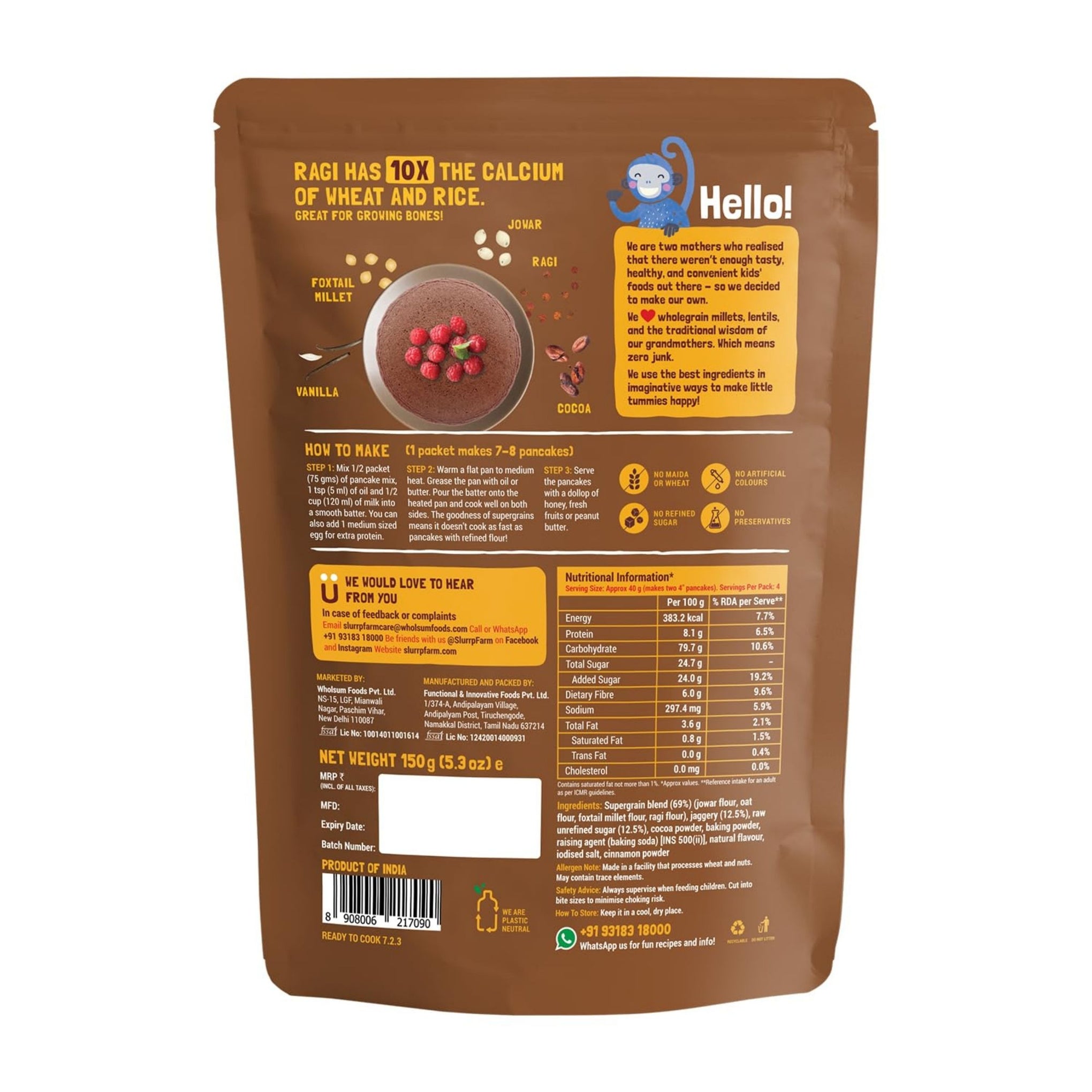 Slurrp Farm Breakfast Millet Pancake Mix Available In Different Types | BANAN CHOCO CHIP , CLASSIC , CHOCOLATE , BLUEBERRY | 150G