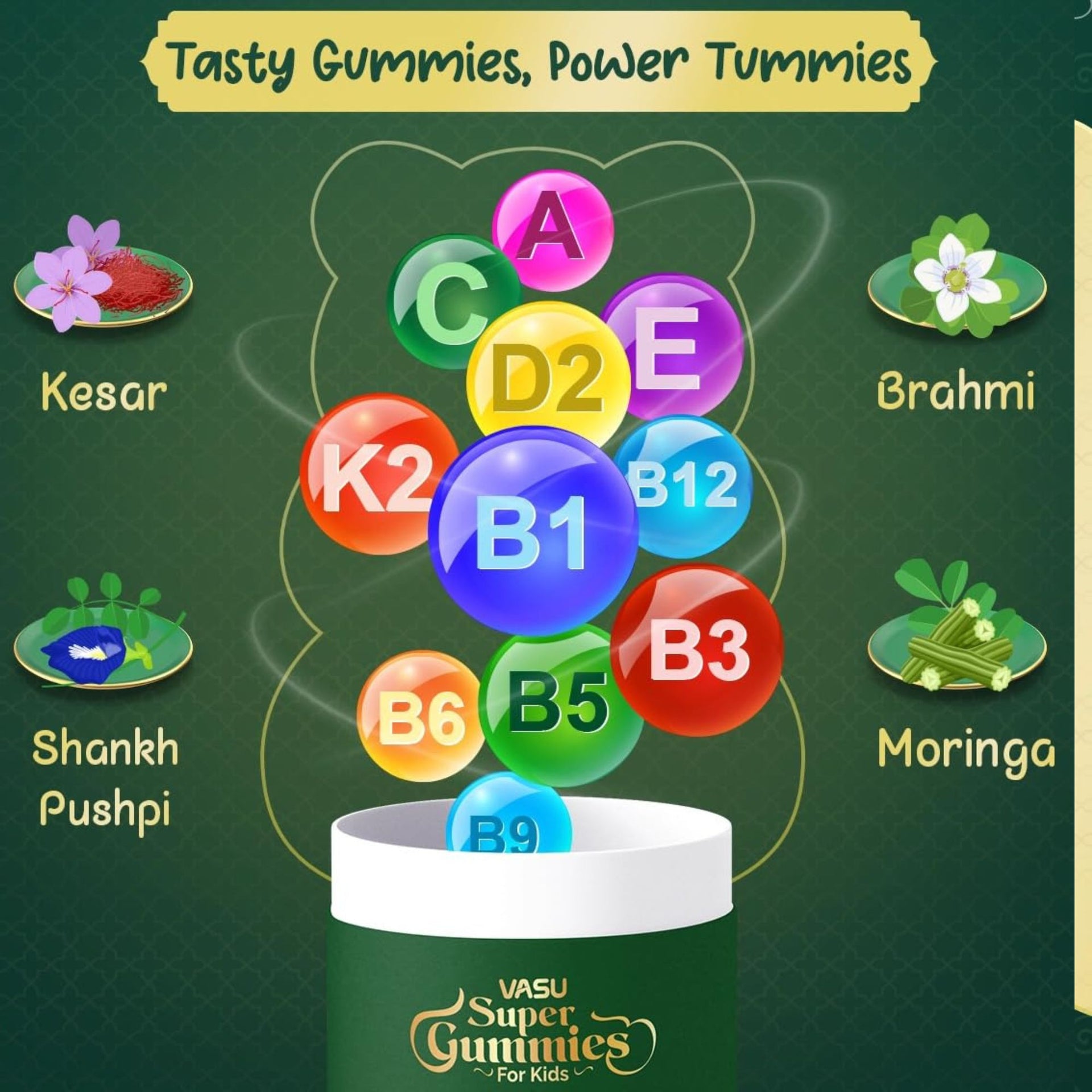 Vasu Super Gummies for Kids | Immunity, Brain Development & Growth Support | With Kesar, Brahmi, Shankhpushpi & Moringa | DHA, Prebiotics & Probiotics | No Added Sugar | 30 Gummies / 60 Gummies
