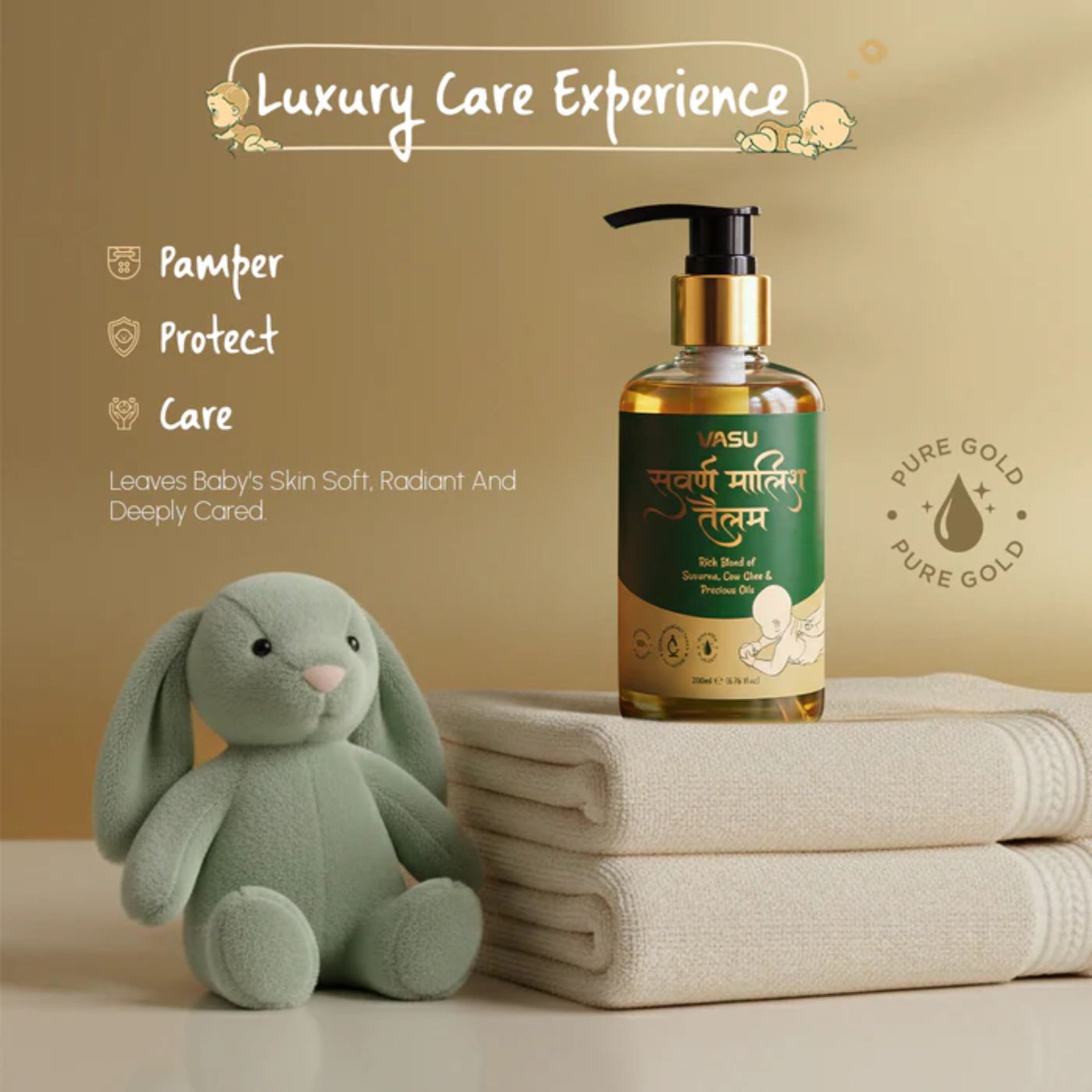 VASU Suvarna Malish Tailam Ayurvedic Baby Massage Oil | Enriched with Pure Gold, Cow Ghee & Precious Oils | Gentle Daily Baby Care | Dermatologically Tested | 200ml