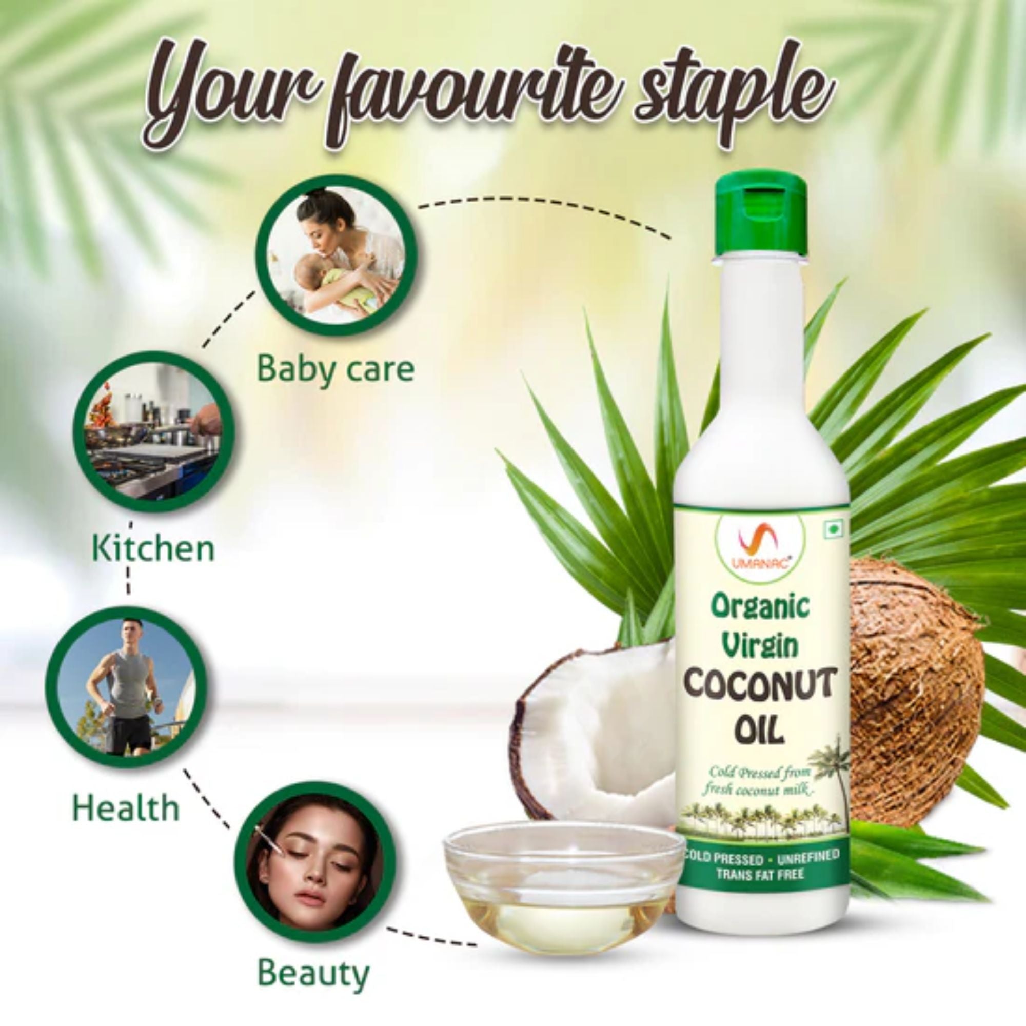 UMANAC Organic Virgin Coconut Oil | Cold Pressed, Unrefined & Certified Organic | Rich in Lauric Acid | Multipurpose for Cooking, Baby Care, Hair & Skin Care | 250ml / 500ml