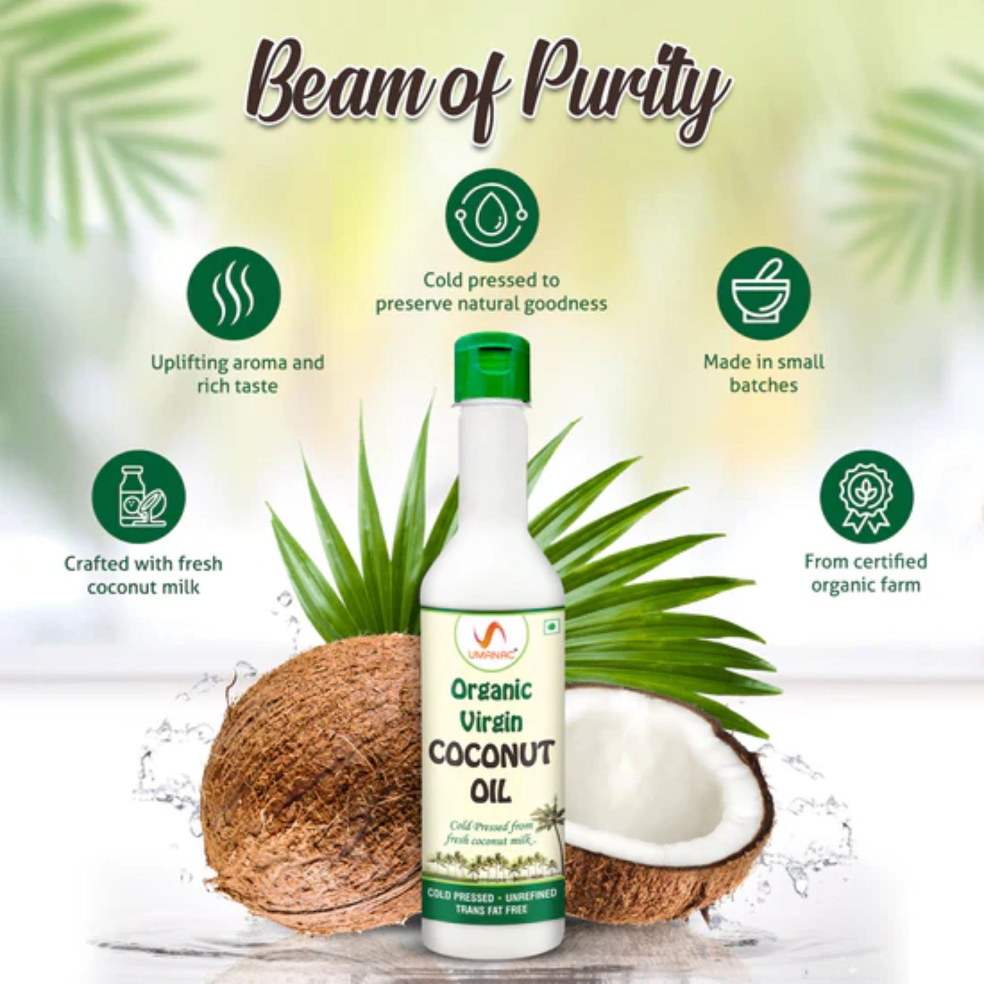 UMANAC Organic Virgin Coconut Oil | Cold Pressed, Unrefined & Certified Organic | Rich in Lauric Acid | Multipurpose for Cooking, Baby Care, Hair & Skin Care | 250ml / 500ml