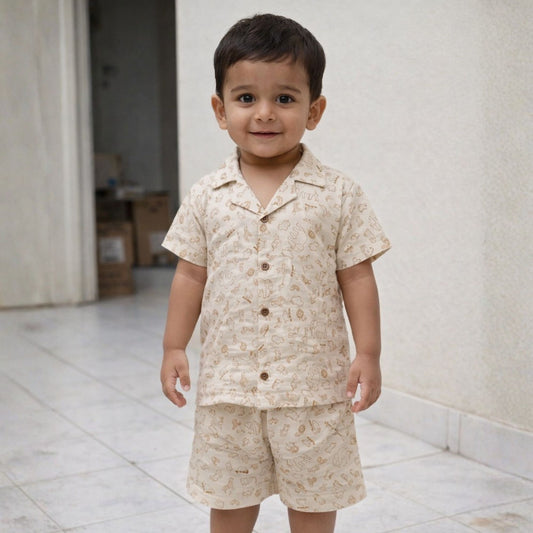 NUM NUM Boys Cotton Printed Shirt & Shorts Set – Soft Summer Outfit (9M–2 Years) | Beige