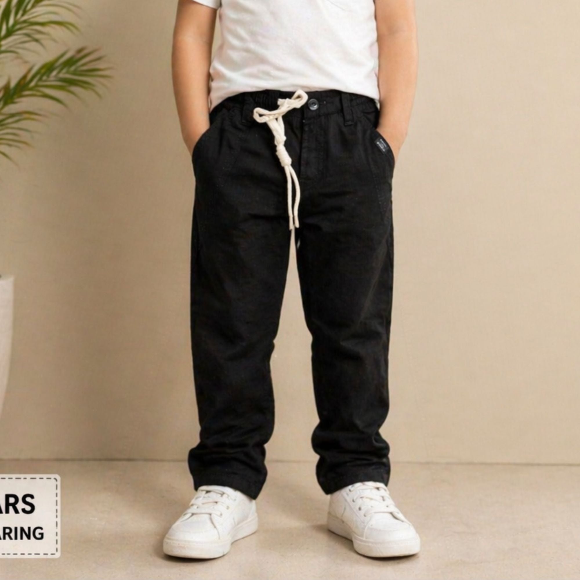 BAD BOYS Boys Black Casual Pants with Drawstring | Stylish & Comfortable | Age 6-14 Years