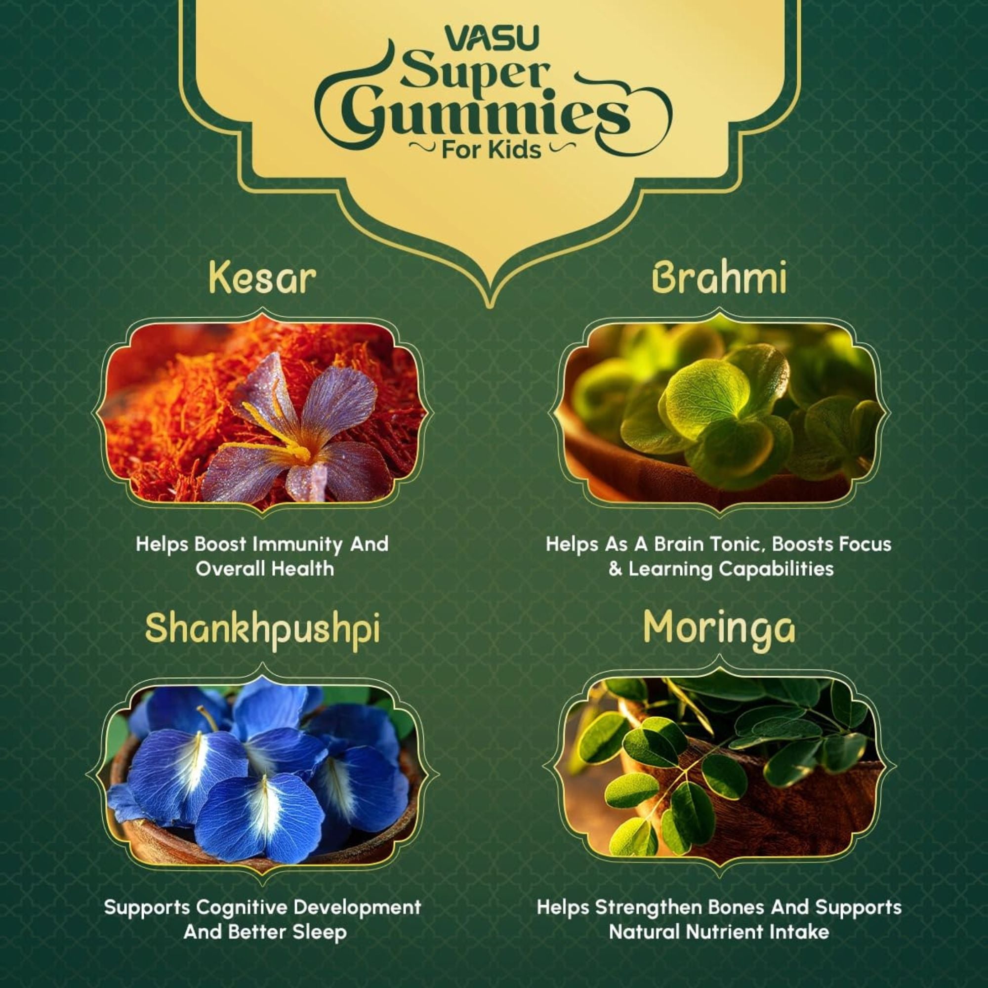 Vasu Super Gummies for Kids | Immunity, Brain Development & Growth Support | With Kesar, Brahmi, Shankhpushpi & Moringa | DHA, Prebiotics & Probiotics | No Added Sugar | 30 Gummies / 60 Gummies