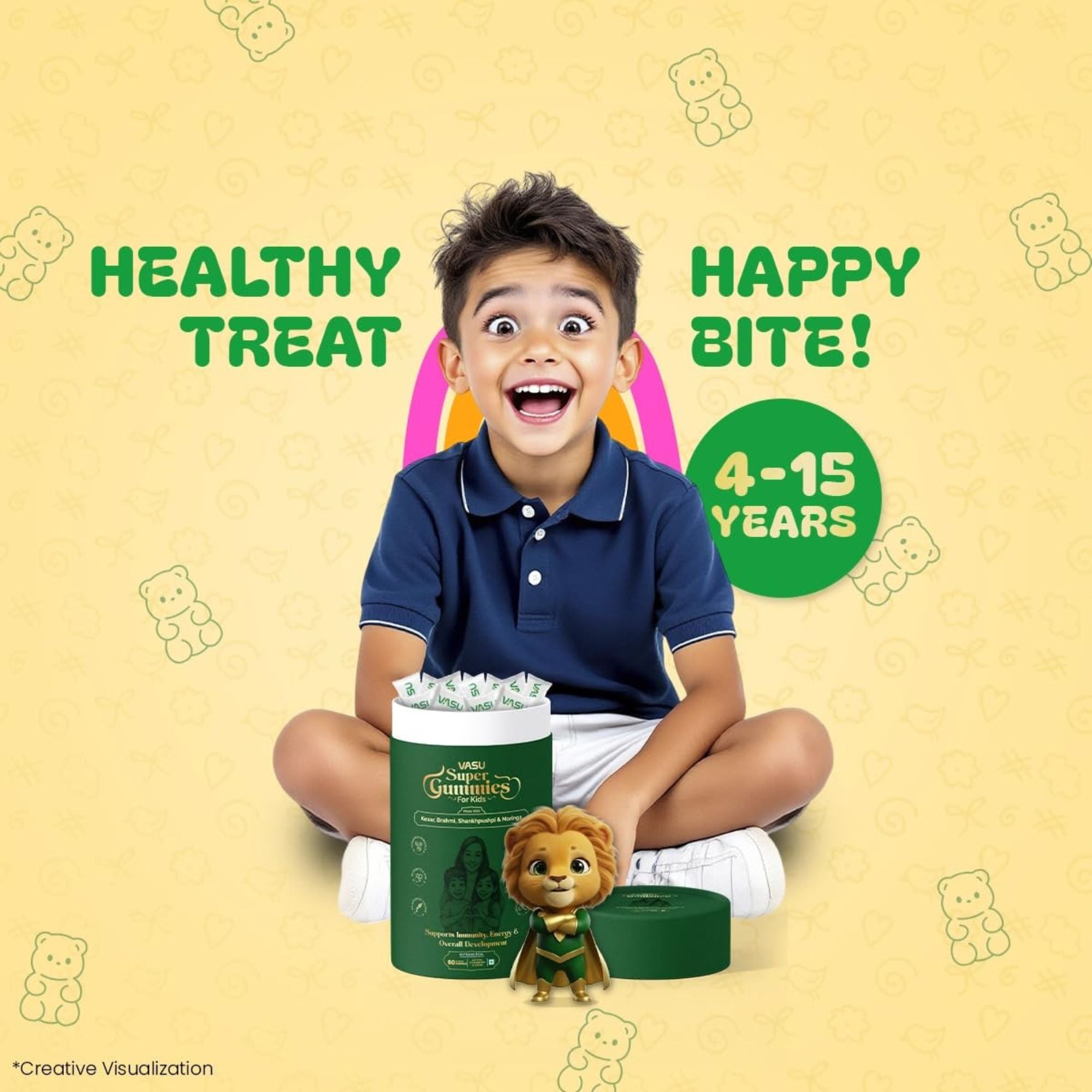 Vasu Super Gummies for Kids | Immunity, Brain Development & Growth Support | With Kesar, Brahmi, Shankhpushpi & Moringa | DHA, Prebiotics & Probiotics | No Added Sugar | 30 Gummies / 60 Gummies