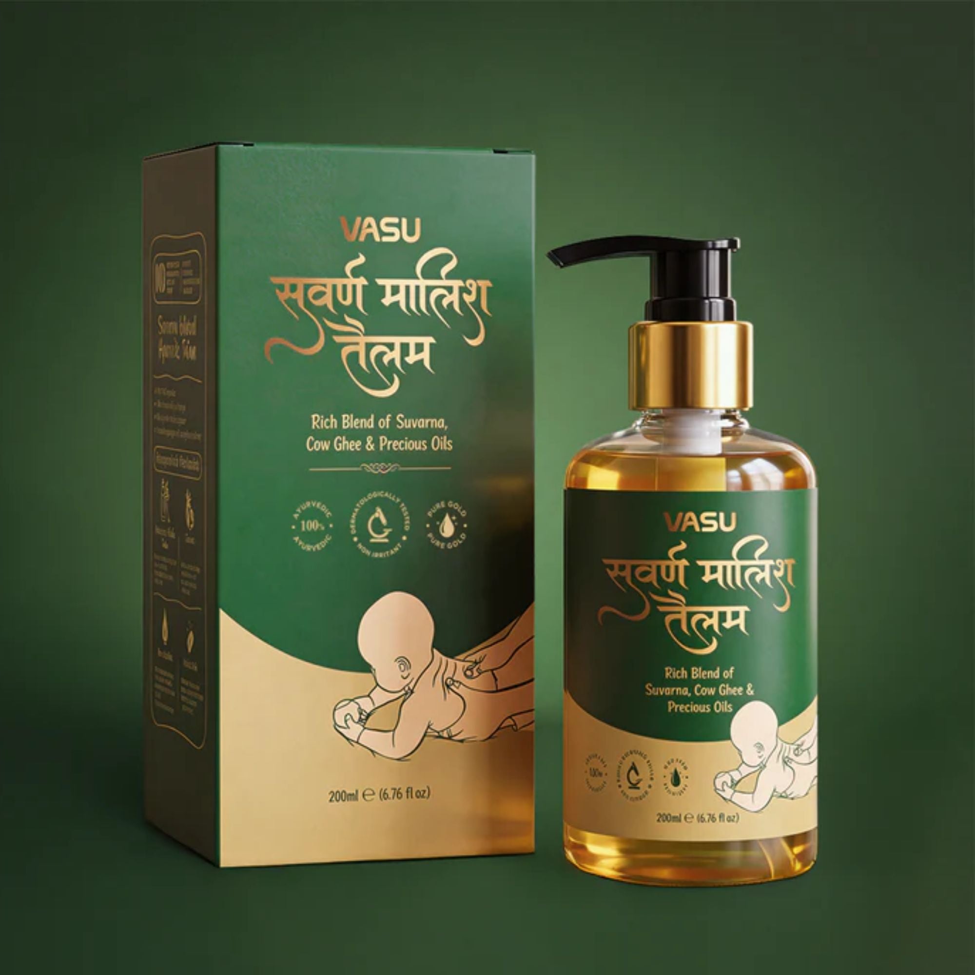 VASU Suvarna Malish Tailam Ayurvedic Baby Massage Oil | Enriched with Pure Gold, Cow Ghee & Precious Oils | Gentle Daily Baby Care | Dermatologically Tested | 200ml