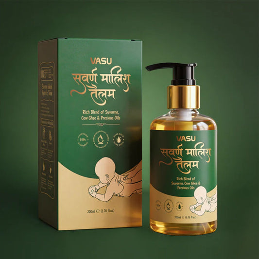 VASU Suvarna Malish Tailam Ayurvedic Baby Massage Oil | Enriched with Pure Gold, Cow Ghee & Precious Oils | Gentle Daily Baby Care | Dermatologically Tested | 200ml