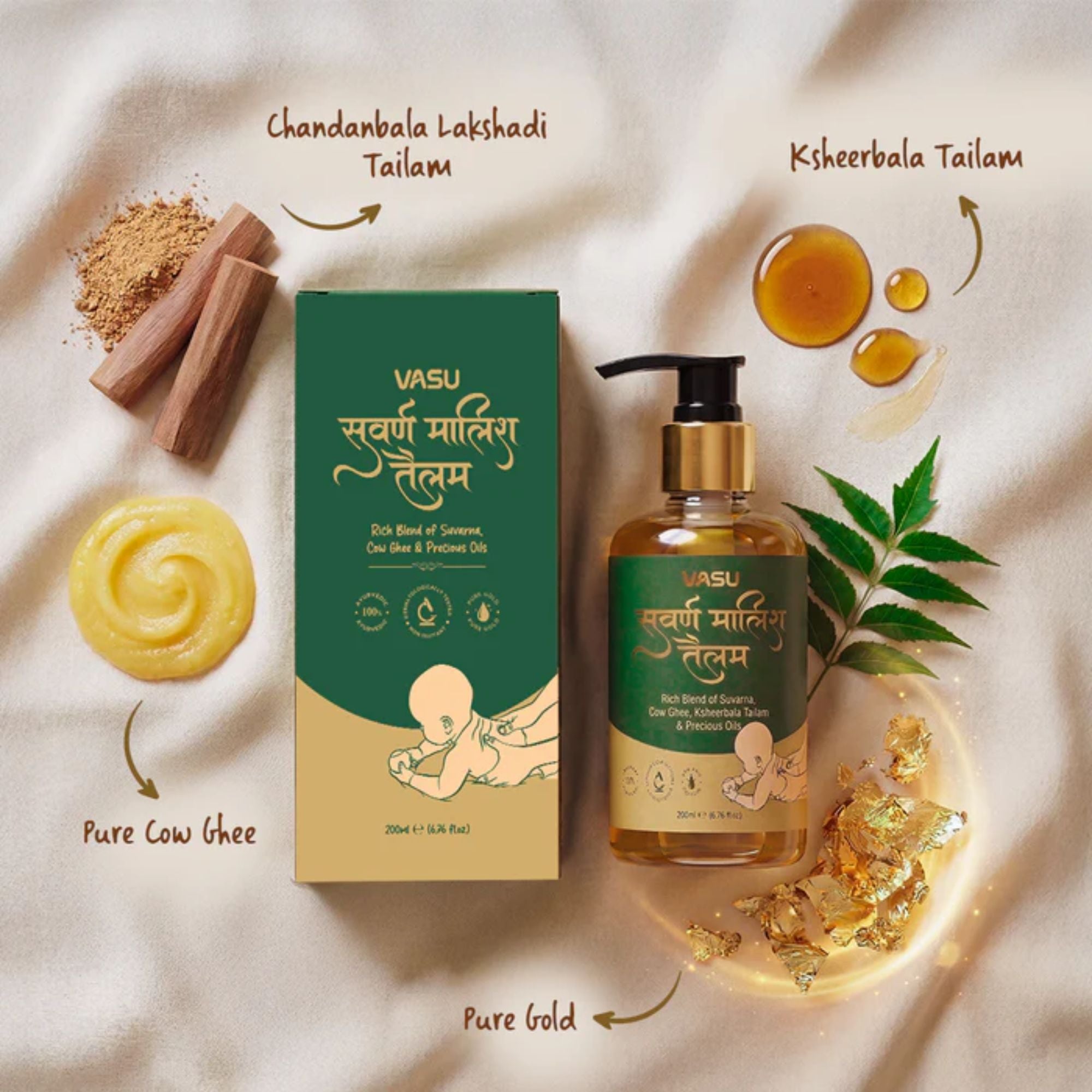 VASU Suvarna Malish Tailam Ayurvedic Baby Massage Oil | Enriched with Pure Gold, Cow Ghee & Precious Oils | Gentle Daily Baby Care | Dermatologically Tested | 200ml