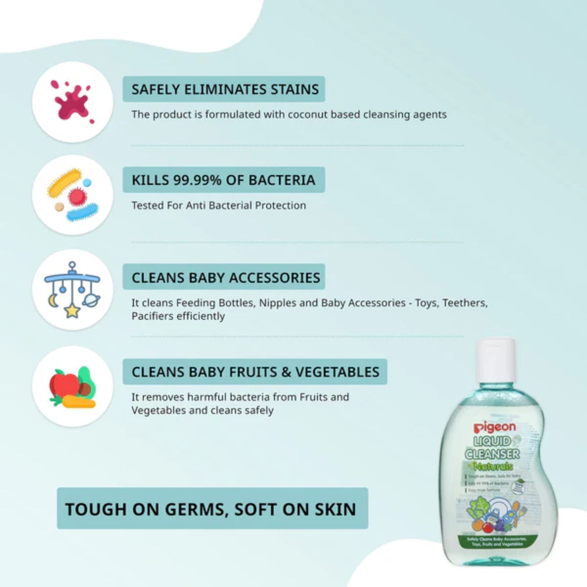 Pigeon Liquid Cleanser Naturals for Baby Bottles, Accessories, Toys, Fruits & Vegetables | Kills 99.99% Bacteria | Natural Coconut-Based Formula