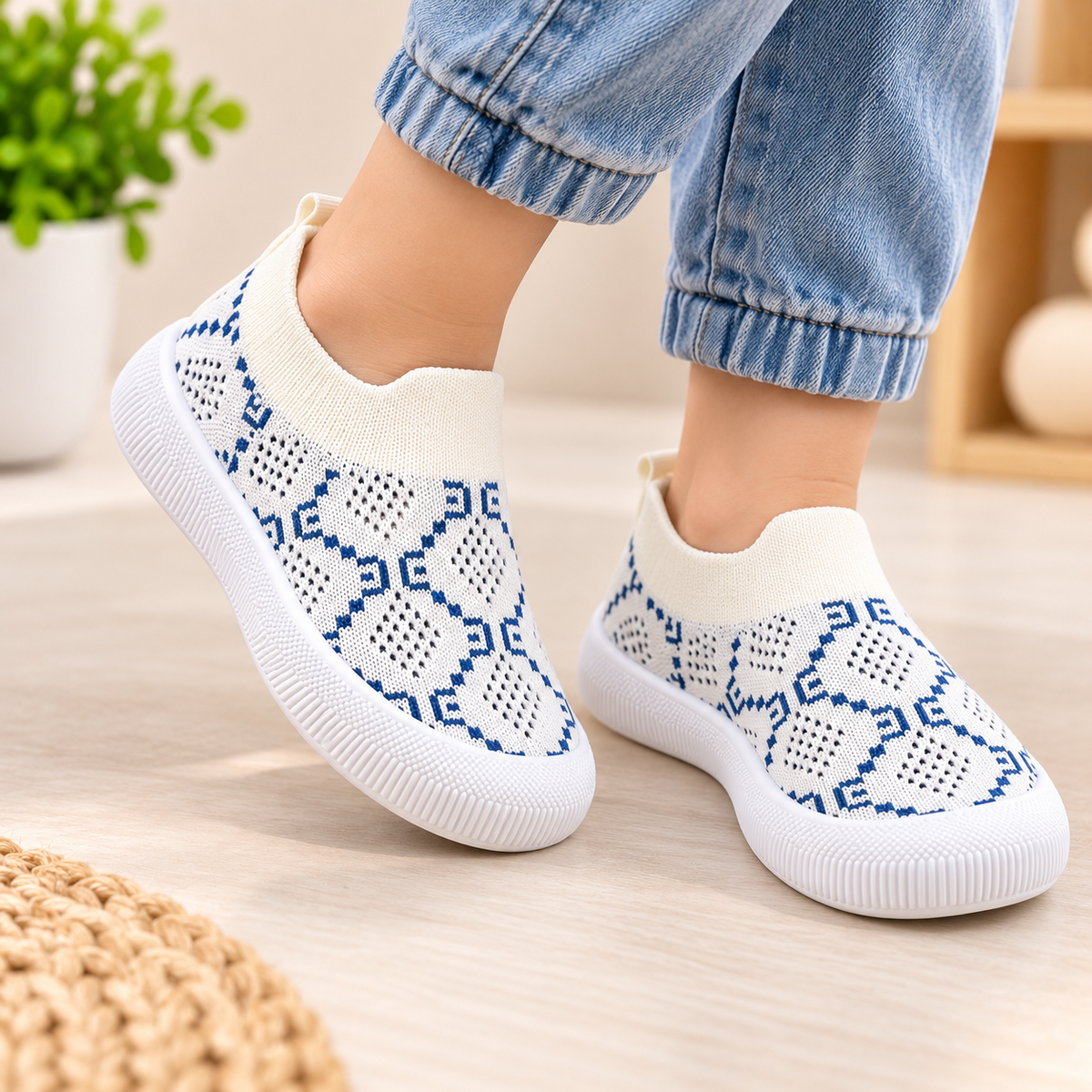 SMILE BABY kids beige blue patterned knit sneakers