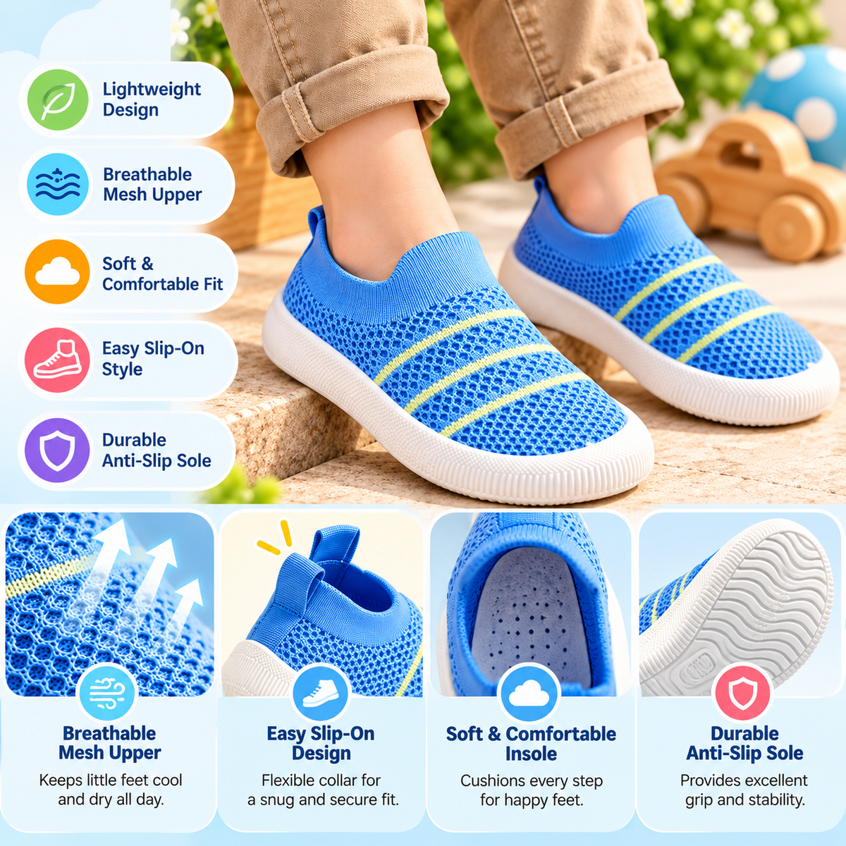 SMILE BABY blue knit slip-on sneakers features