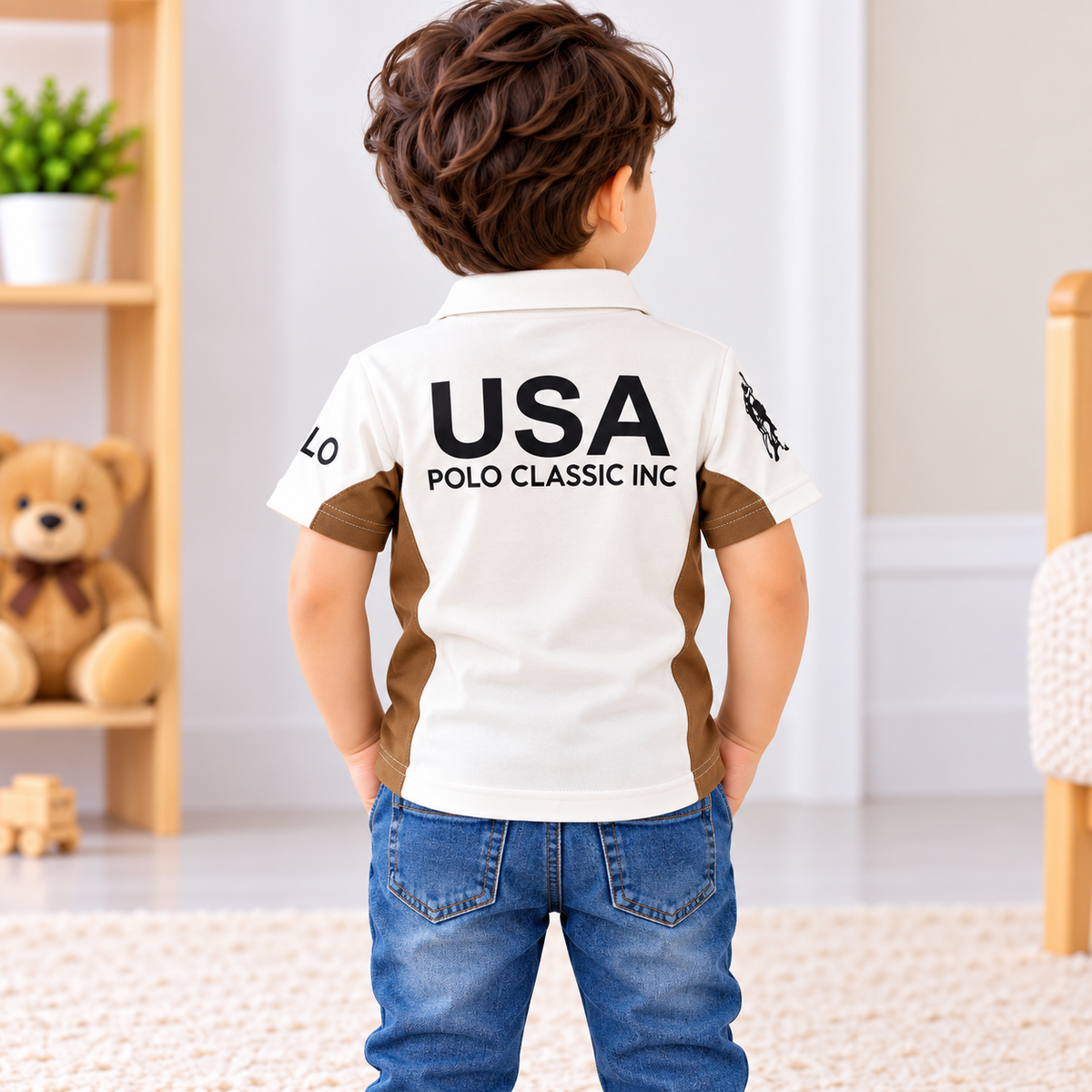 Front view of 99 BALLON khakhi USA graphic polo T-shirt with black contrast panels