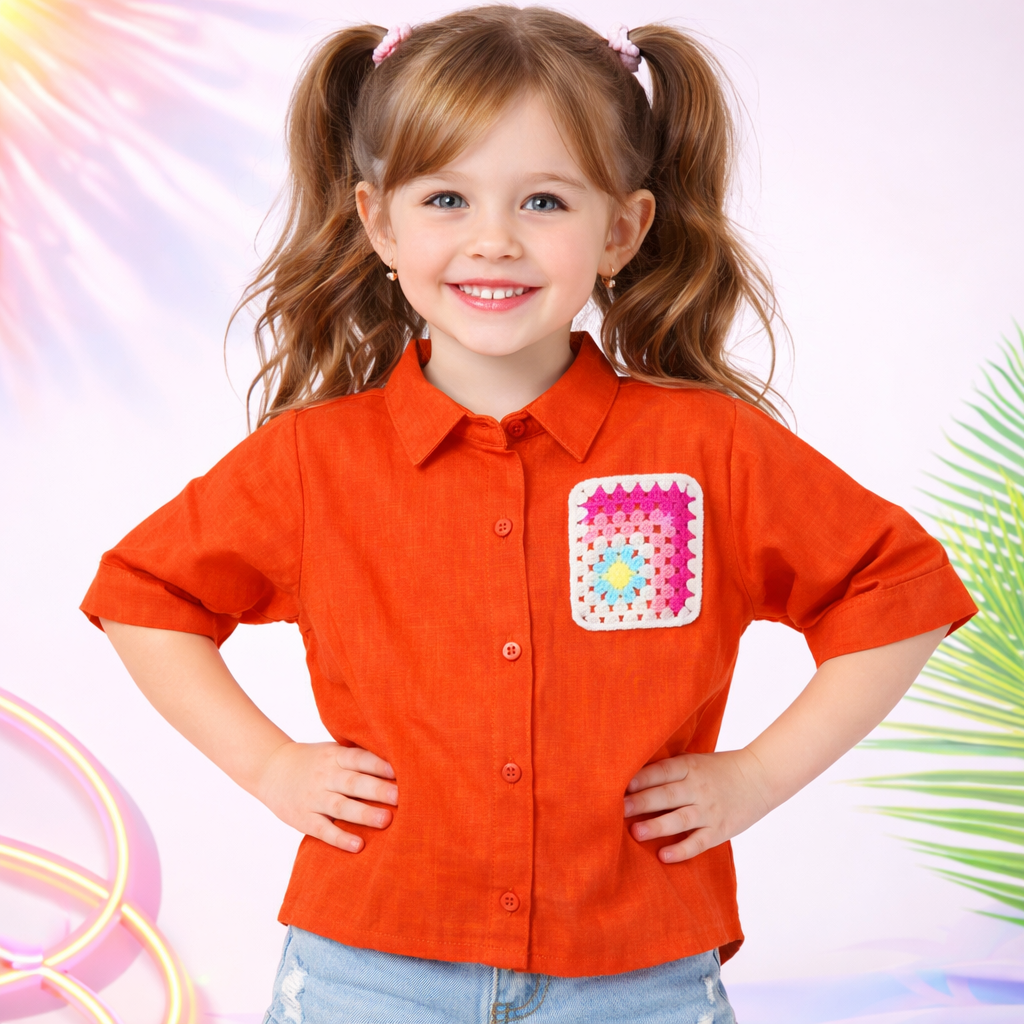 Smile Baby Girls Linen Shirt with Crochet Pocket Patch | Stylish Kids Casual Shirt (4–12Y)