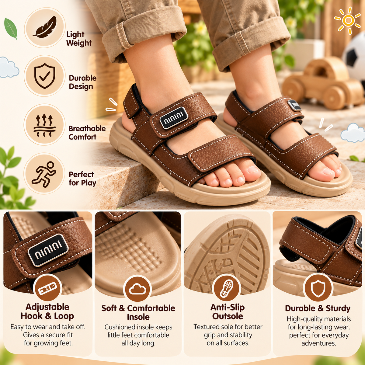 SMILE BABY brown kids sandals features