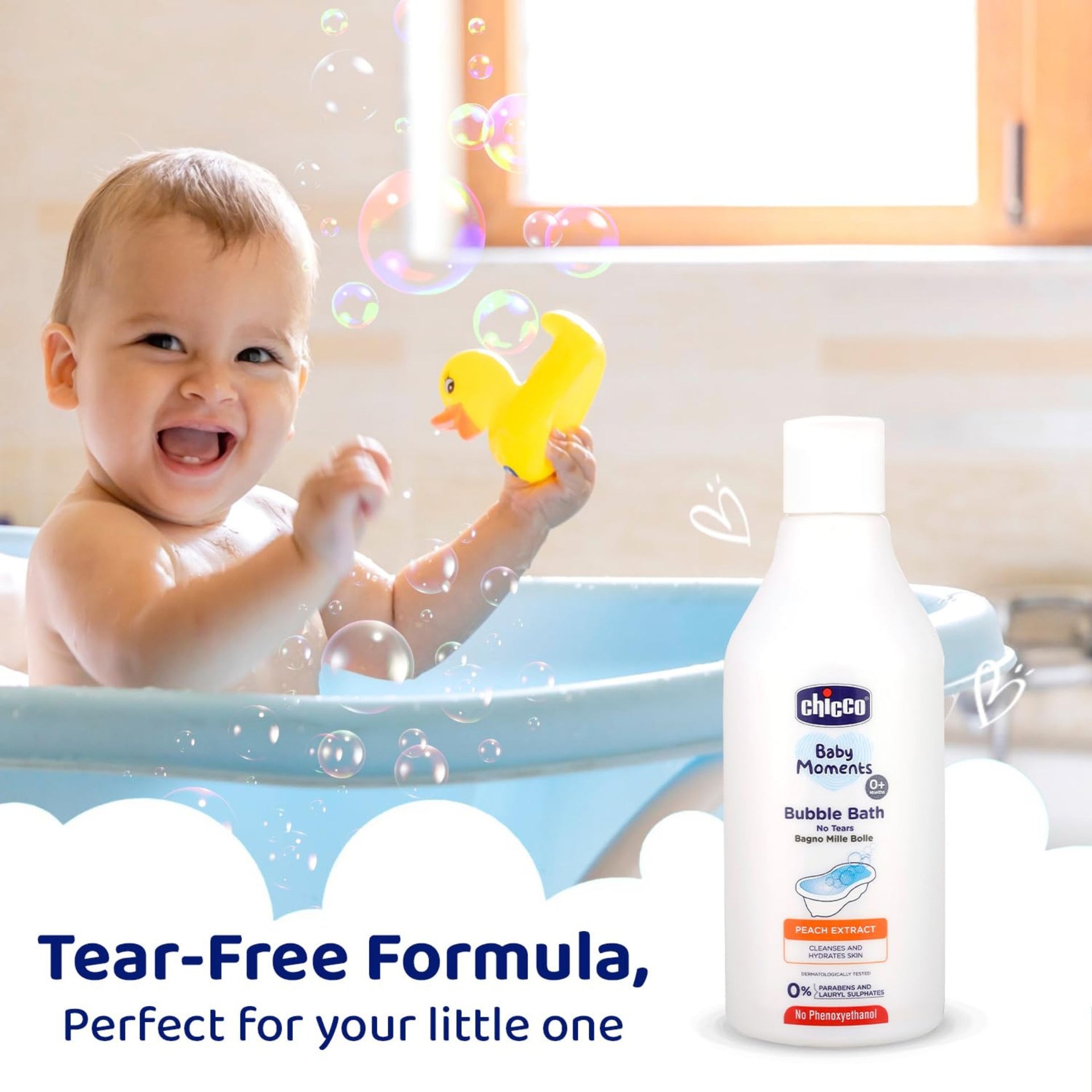 Chicco Baby Moments Bubble Bath, 300ml with Peach extracts | No Tears Formula | Hydrated Skin | Dermatologically Tested | Parabens & Phenoxyethanol Free