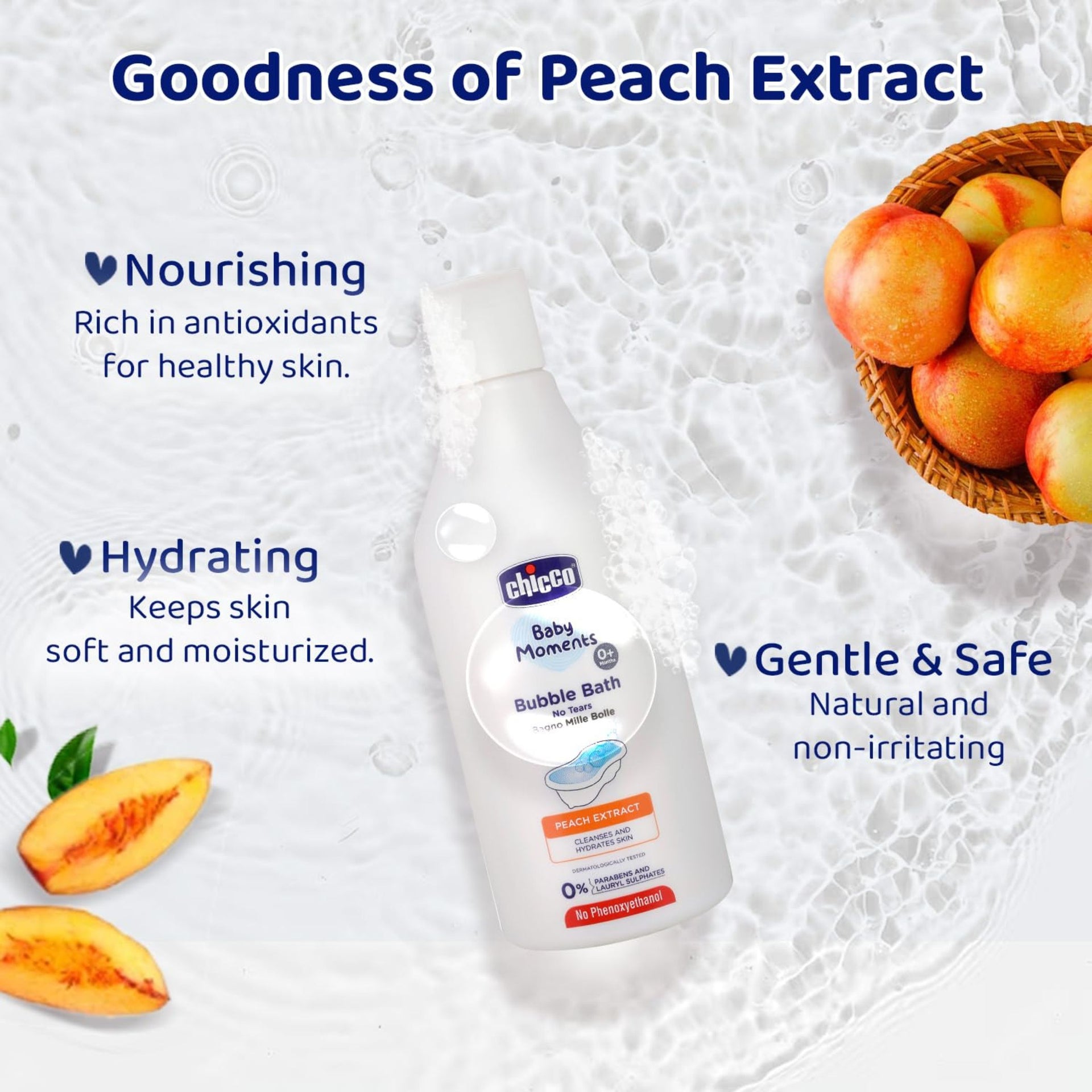 Chicco Baby Moments Bubble Bath, 300ml with Peach extracts | No Tears Formula | Hydrated Skin | Dermatologically Tested | Parabens & Phenoxyethanol Free