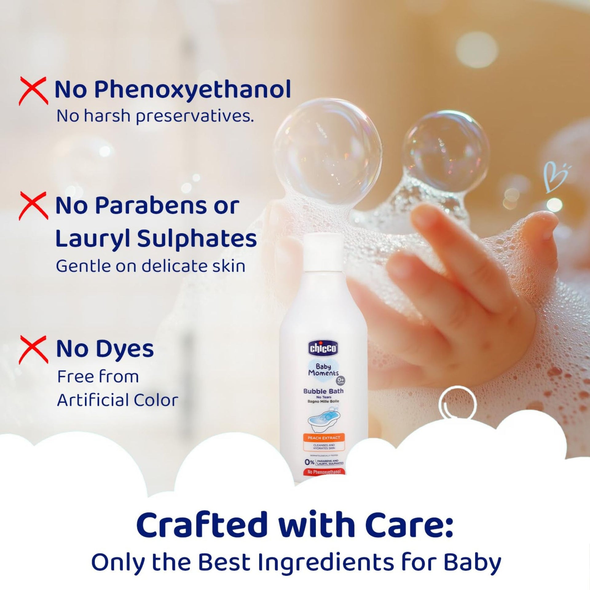 Chicco Baby Moments Bubble Bath, 300ml with Peach extracts | No Tears Formula | Hydrated Skin | Dermatologically Tested | Parabens & Phenoxyethanol Free