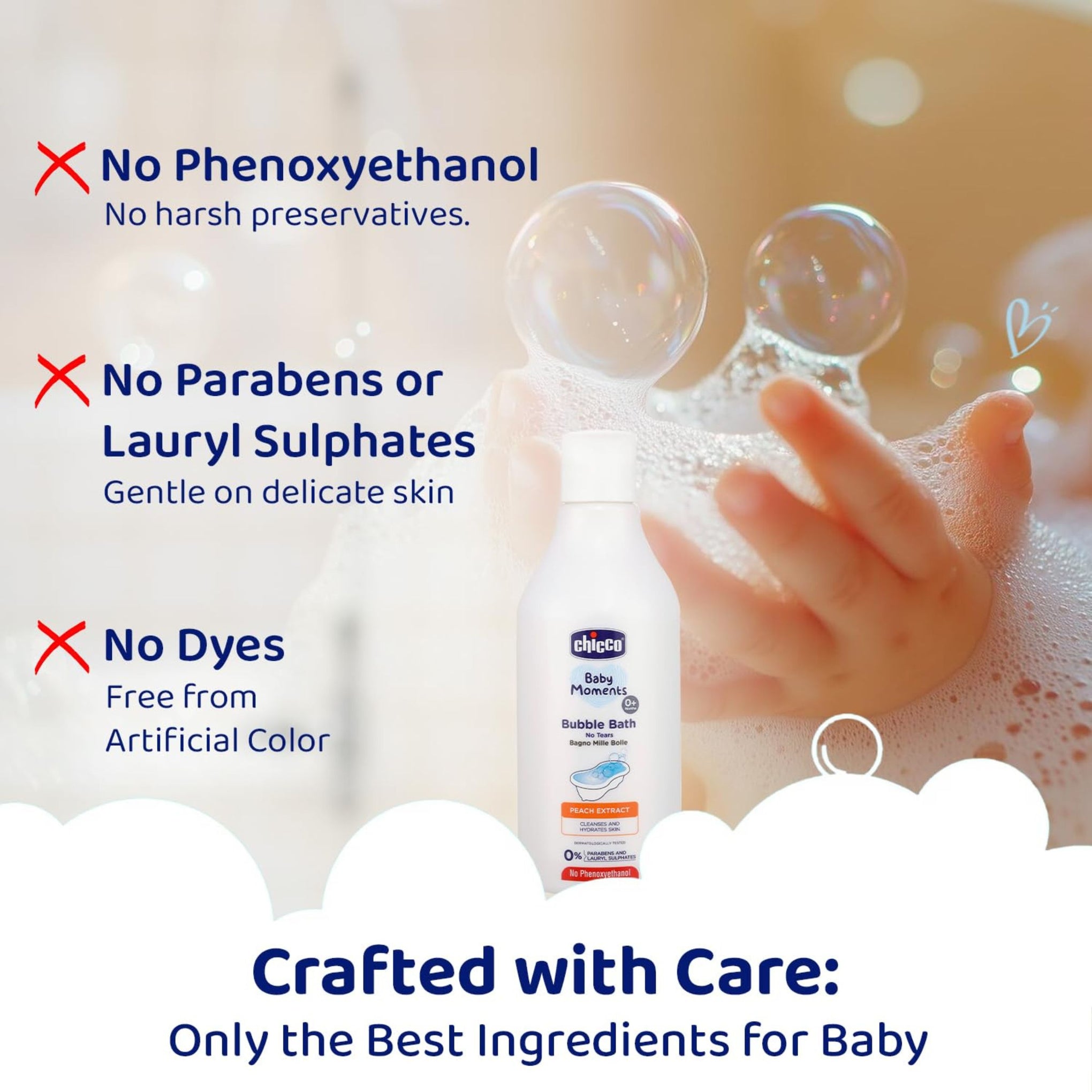 Chicco Baby Moments Bubble Bath, 300ml with Peach extracts | No Tears Formula | Hydrated Skin | Dermatologically Tested | Parabens & Phenoxyethanol Free