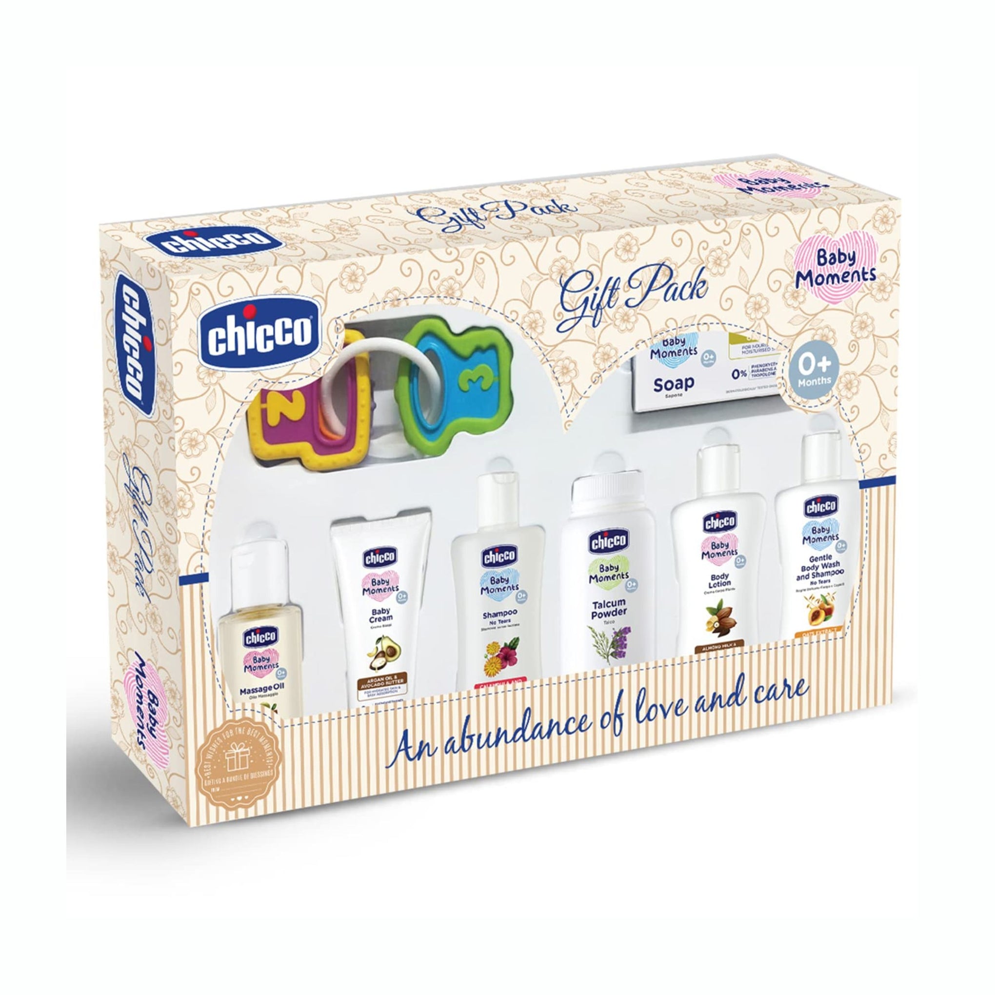 Chicco Baby Moments Delight Gift Pack ( WHITE AND GREEN ) with 7 Baby Skin & Haircare Products and a Rattle Toy | Baby Care Gift Set for Newborn Baby Shower, New Parents, and Birthdays