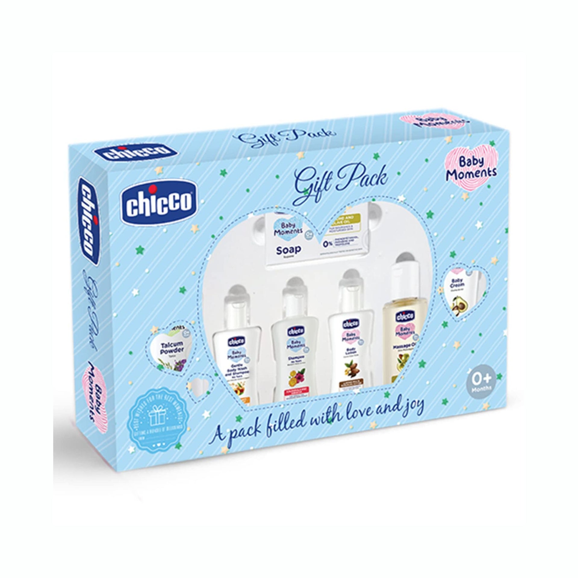 Chicco Baby Moments Baby Caring Gift Pack (Blue & purple ) with 7 Baby Skincare & Haircare Products  | Soap 75 GM , Gentle Body Wash and Shampoo 50 ml , Body Lotion 50 ml , Talcum Powder 75 g , Baby Cream 50 g , No Tears Shampoo 50 ml , Massage Oil 50 ml