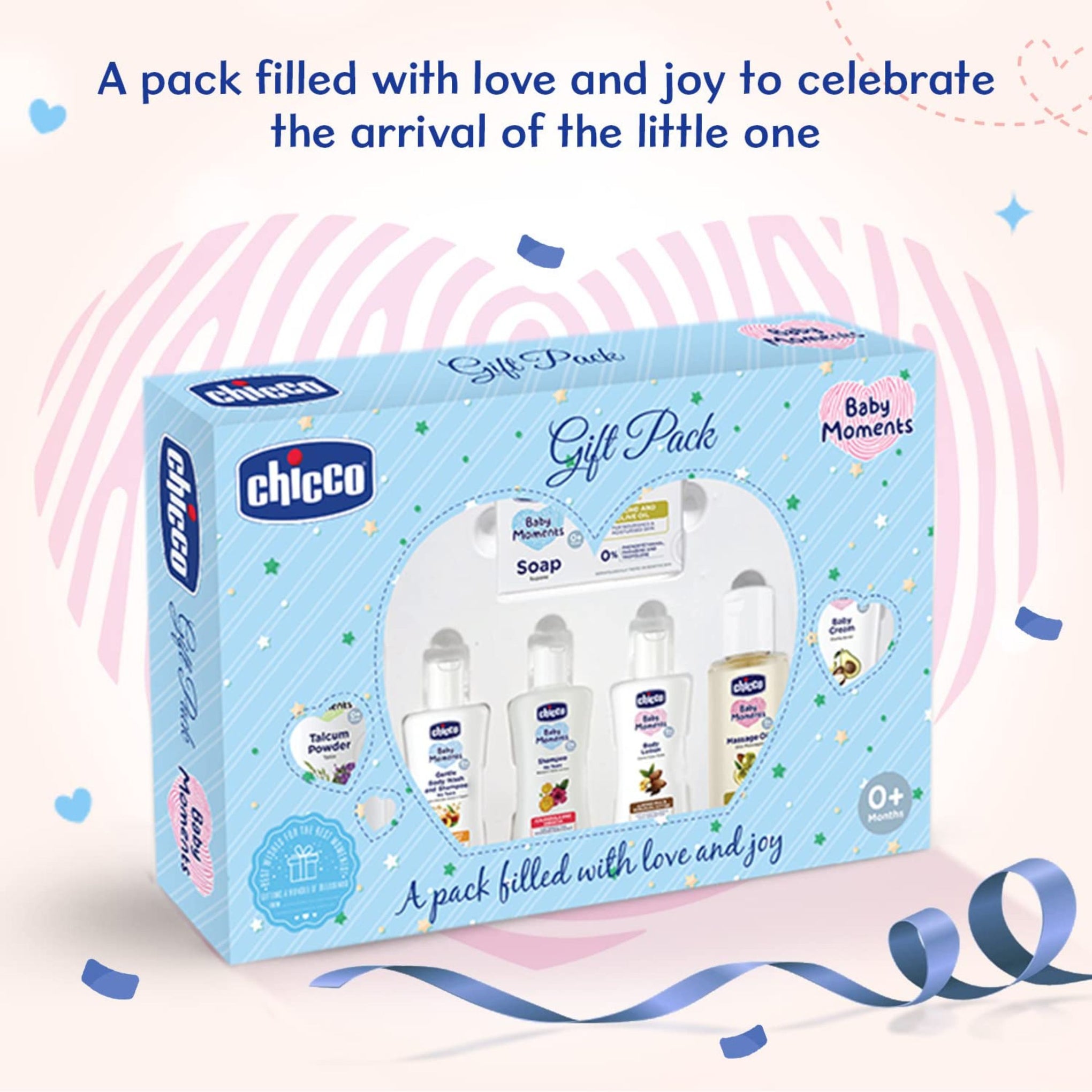 Chicco Baby Moments Baby Caring Gift Pack (Blue & purple ) with 7 Baby Skincare & Haircare Products  | Soap 75 GM , Gentle Body Wash and Shampoo 50 ml , Body Lotion 50 ml , Talcum Powder 75 g , Baby Cream 50 g , No Tears Shampoo 50 ml , Massage Oil 50 ml